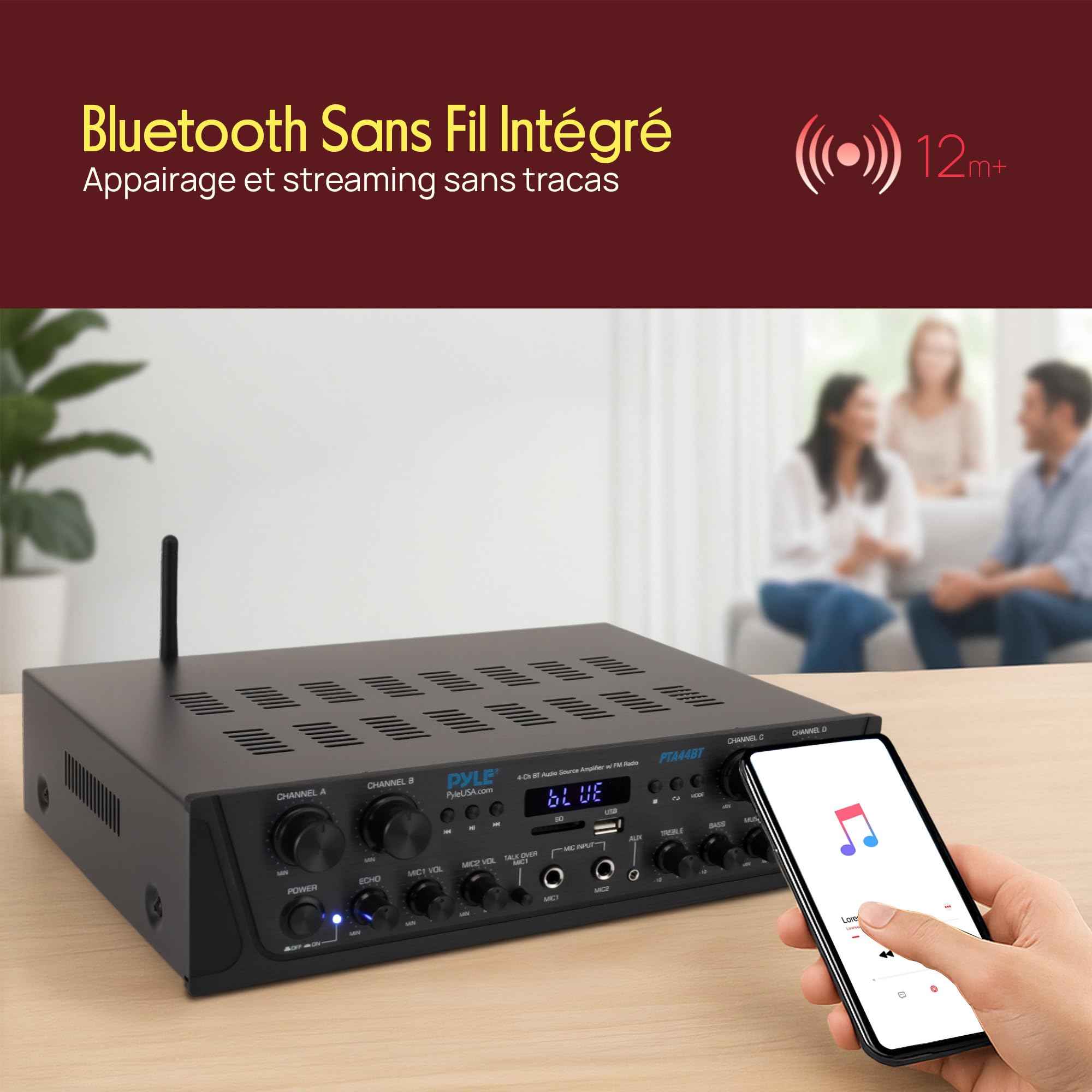 Pyle Ampli Bluetooth Karaoké sans Fil 500W - Récepteur Audio Stéréo 4 Canaux avec AUX, Radio FM, Subwoofer RCA, USB, Microphone avec Écho, 500W sous 4-8 Ohms, idéal pour Studio Musique