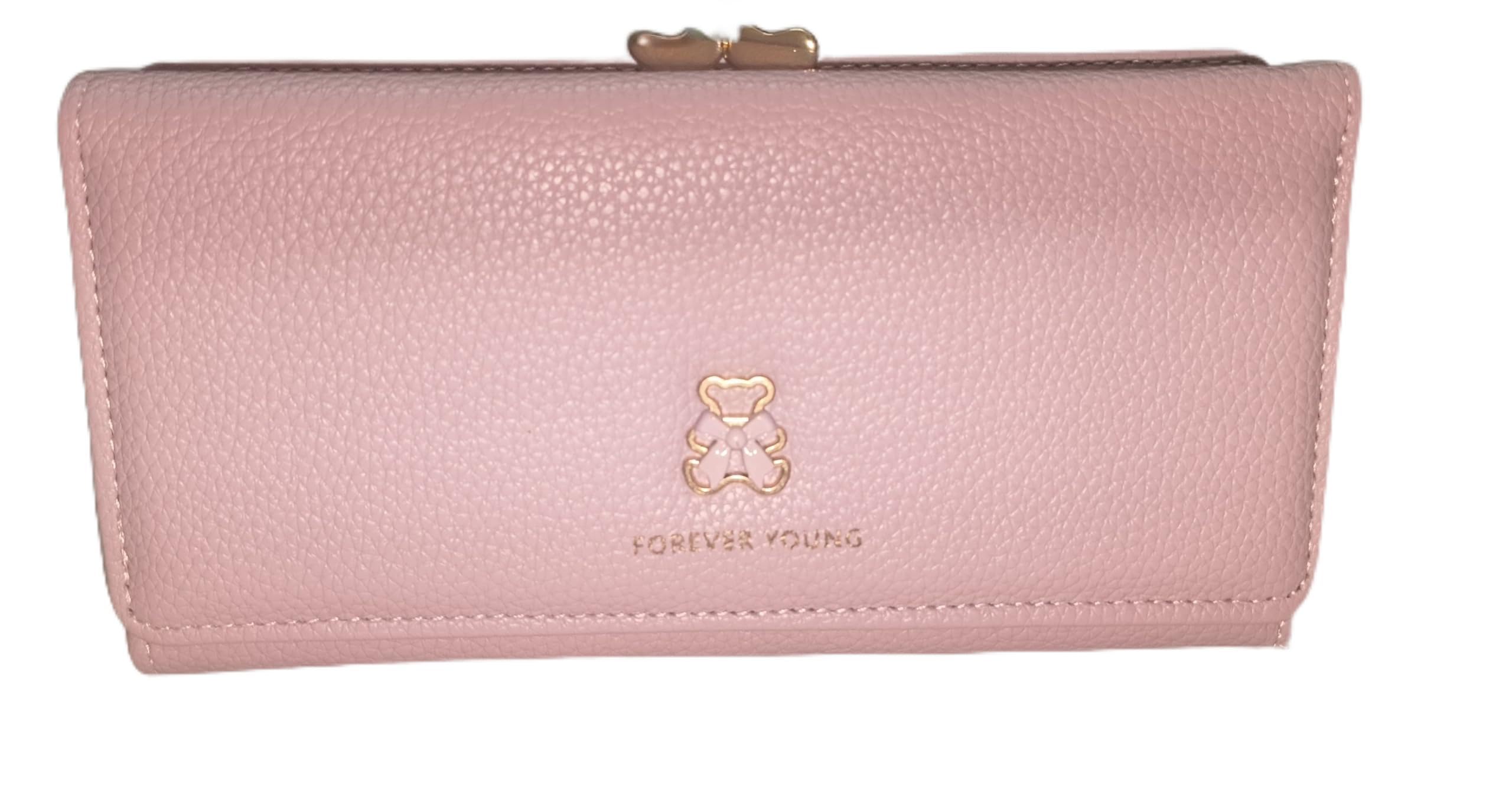 Forever Young Pink Clutch Wallet with Card Slots, ID Window, and Gold-Tone Bear Accent Clasp-image-28