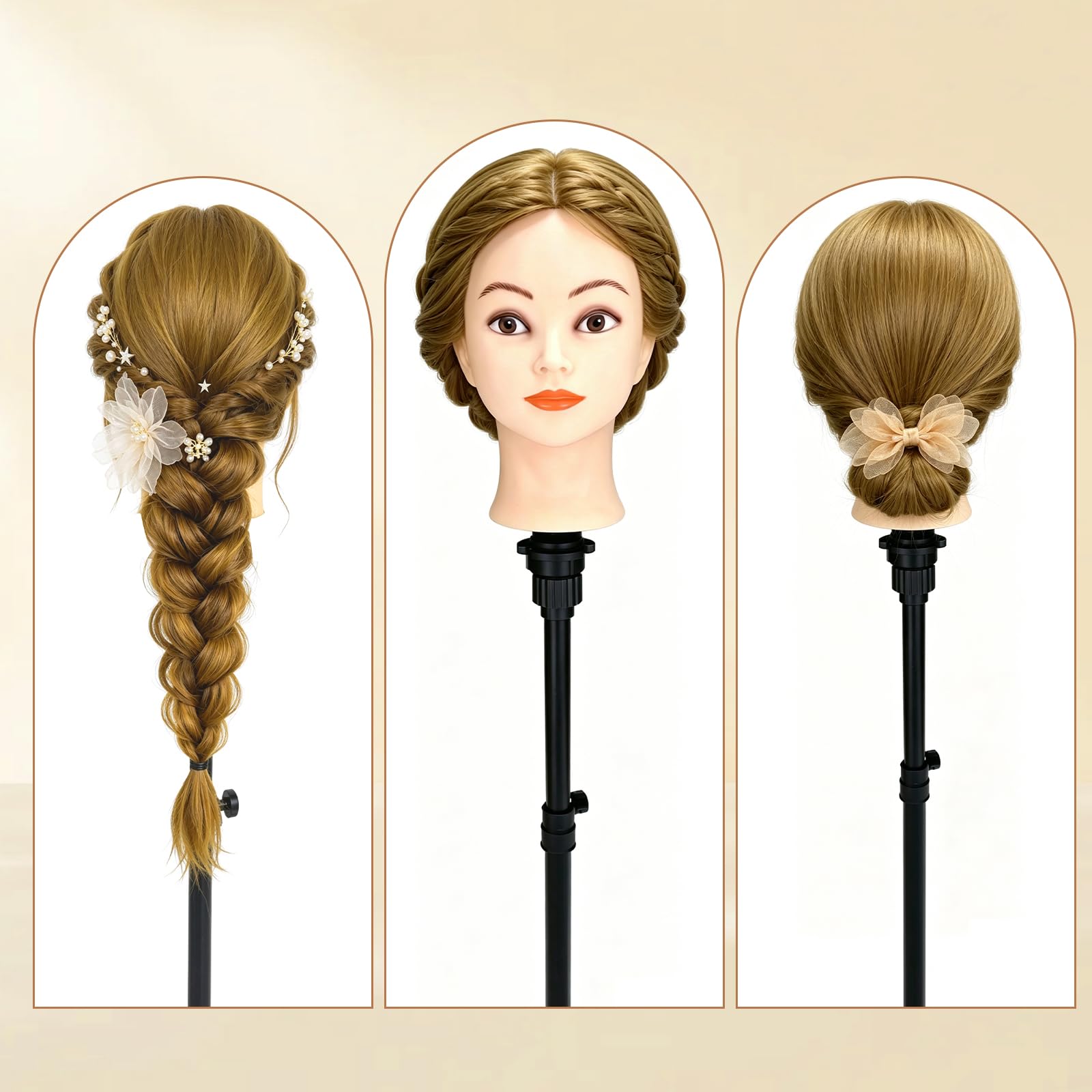 Yofuly 26Zoll/66cm Frisierkopf, 80% Echthaar Übungskopf, Frisieren Trainingsköpfe Puppenkopf Friseur Mannequinkopf mit Tischklemme + DIY-Zopfset (Gold)