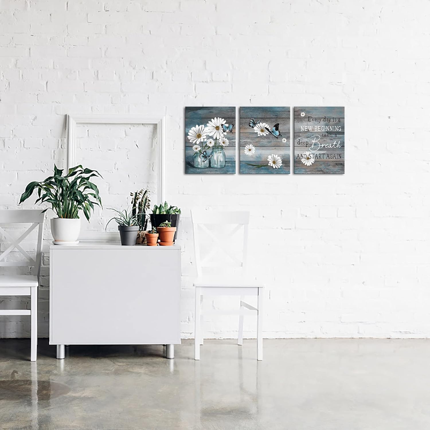 RyounoArt 3 Piece Daisy Wall Art Butterfly Inspirational Picture on Canvas for Kitchen Office Wall Decor Rustic Country Paintings Framed 12"x16" for Each