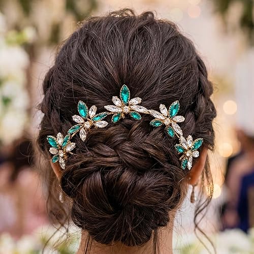 Miniatura 2 de Horquillas para el pelo de boda con diamantes de imitación dorados, horquilla de cristal verde, accesorios para el cabello para mujeres y niñas