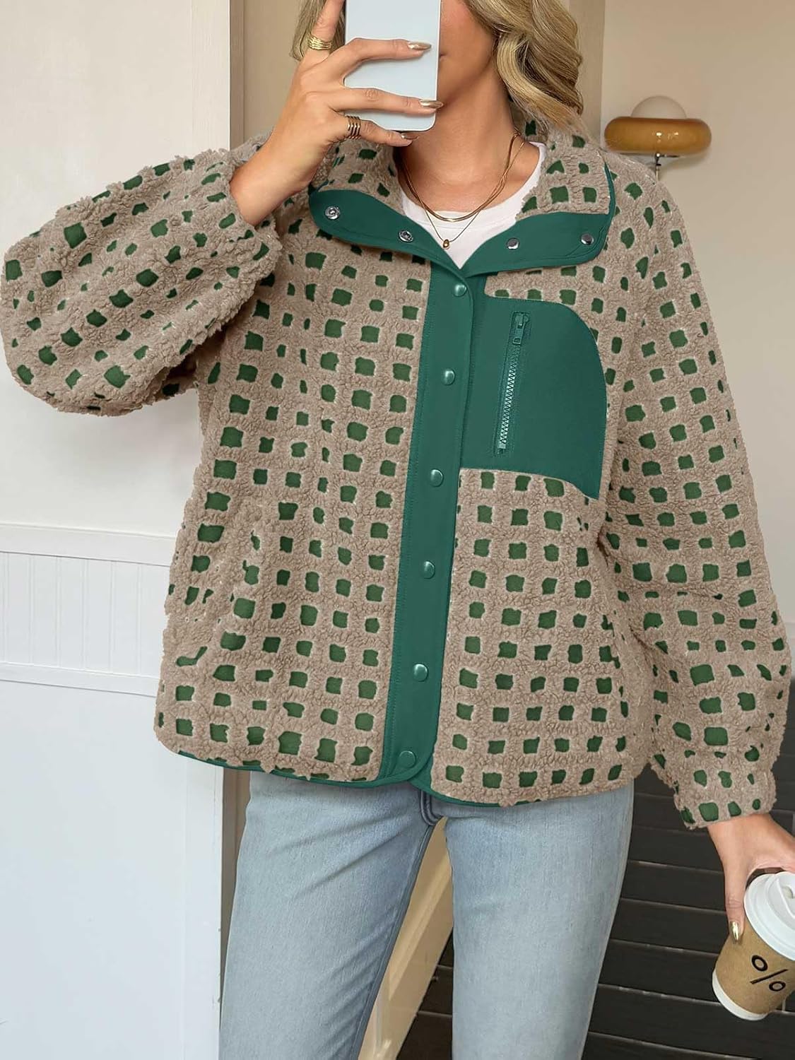 Tankaneo Womens Fleece Sherpa Jacket Fuzzy Checkered Button Down Stand Collar Jacket Winter Warm Outerwear - Image 3