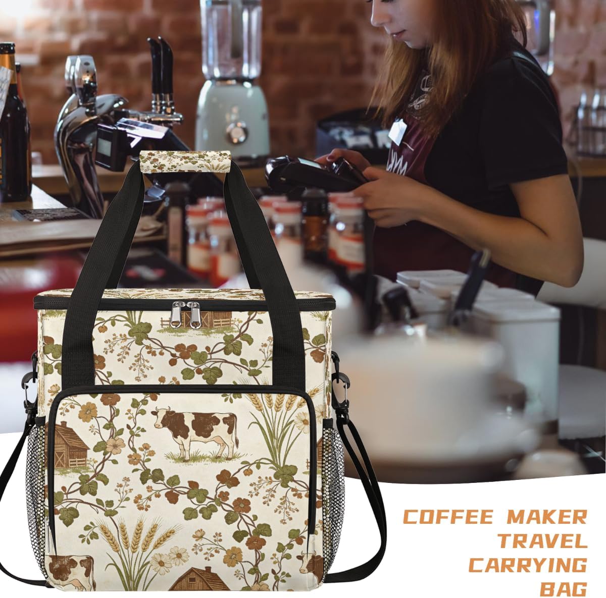 Vintage Cow Vine Pattern Portable Coffee Maker Carrying Bag Compatible with Keurig K-Mini/K-Mini Plus - Travel Storage Tote with K-Cup Pod Pockets for Single Serve Coffee Brewer