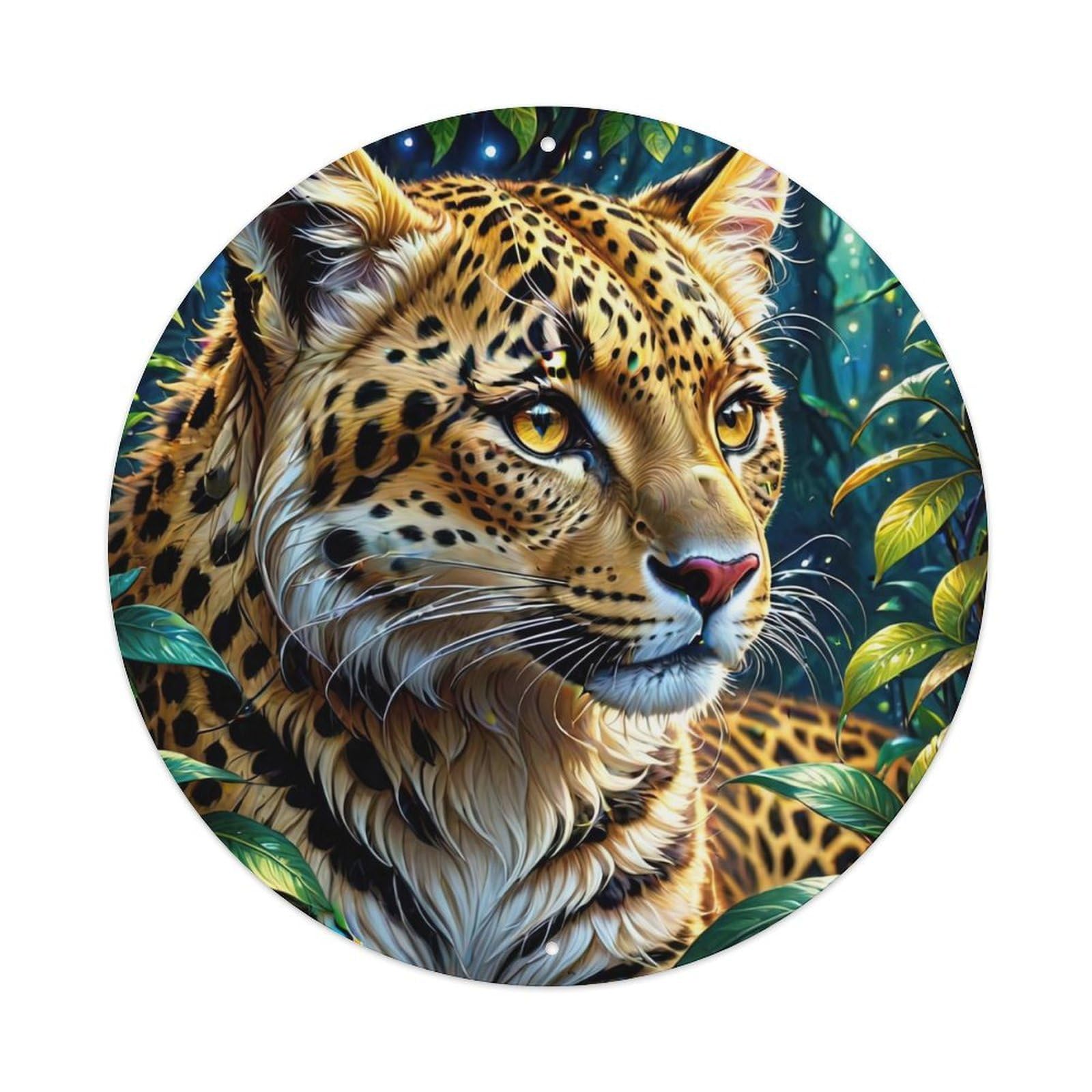 Wildlife Artwork Leopard in The Forest Vintage Metal Tin Sign Plaque Wall Decor for Cafe, Club, Garden Round Metal Poster 8x8Inch