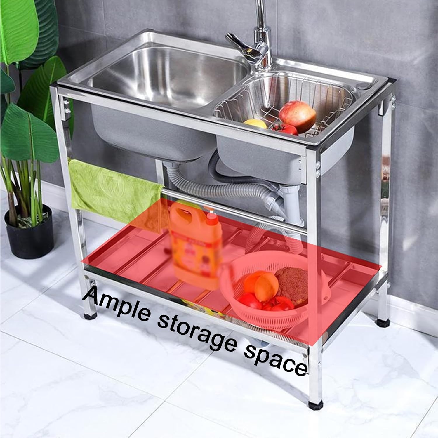 Stainless Steel Sink Double-bowl Kitchen Sinks with Bracket Commercial-grade Adjustable Legs Reinforced Beam Large Opening Ample Storage Space(30.3x16.5x29.5")
