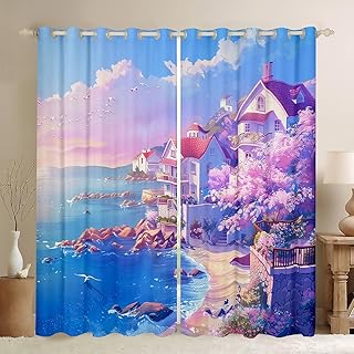 Feelyou Summer Beach House Window Curtains for Bedroom Living Room Beauitiful House Floral Window Drapes Treatments for Kids Boys Girls Birds Tree Curtains Purple Bedspread Cover, 52W X 96L,2 Panels - Buy now