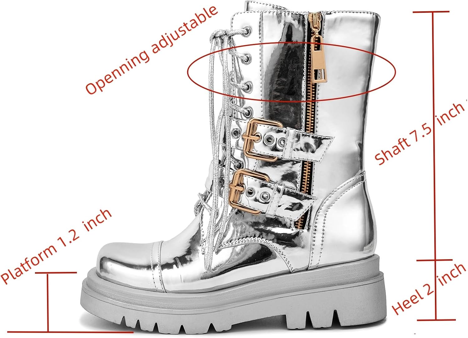 Women's Metallic Mid Calf Boots Platform Chunky Heel Silver Combat Boots Lace up Metal Buckle Zipper
