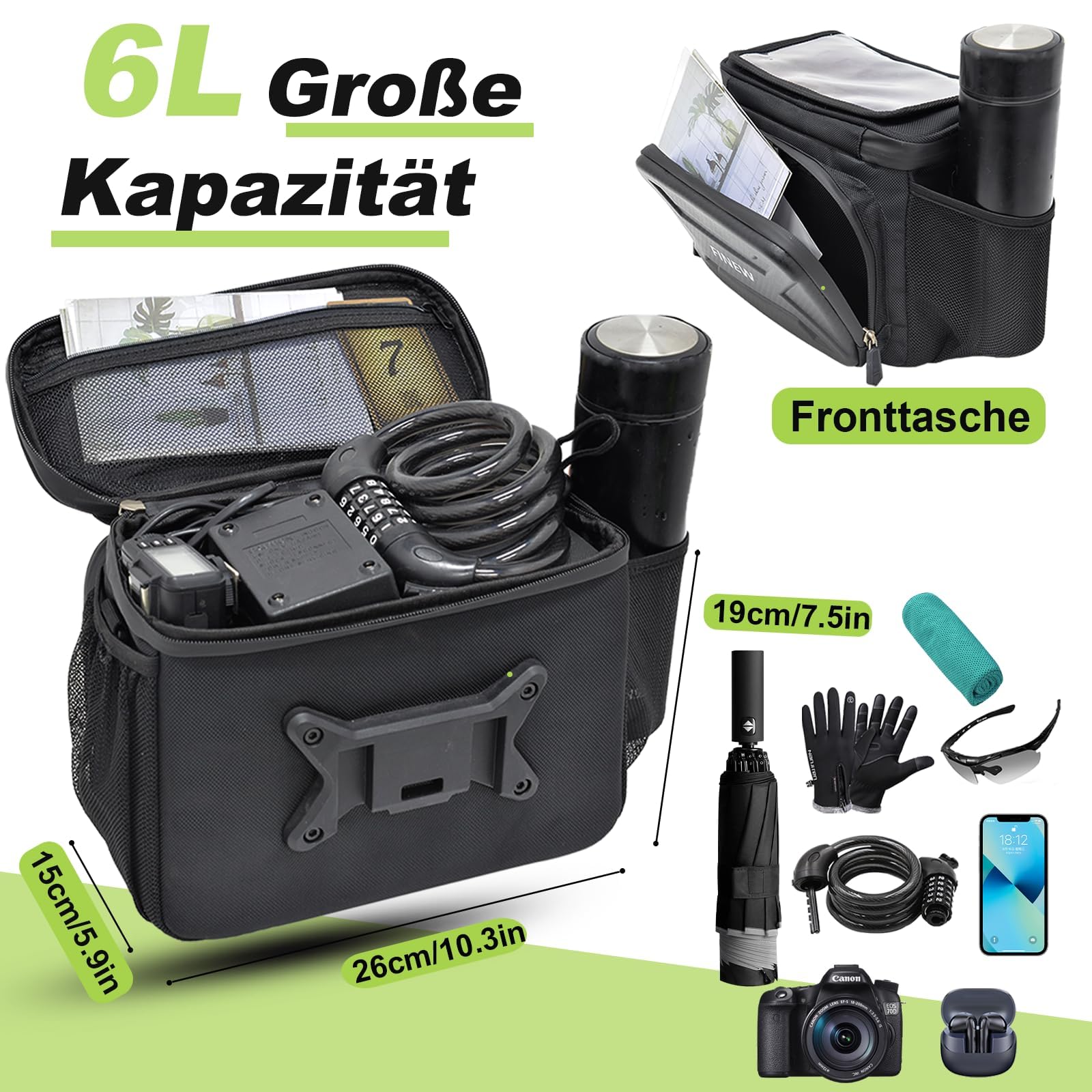 FINEW Bolsa para manillar de bicicleta con adaptador de manillar para bicicleta eléctrica y bicicleta, cesta delantera de 6 L, resistente al agua, bolsa de manillar con soporte para teléfono móvil