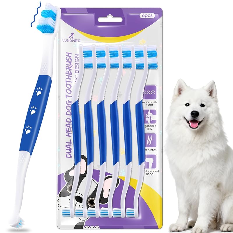 Escova de Dente para Cães Médios e Grandes com Cabeça Dupla e Cerdas Ultra Macias VVHOMIFE Blue, Pacote com 6