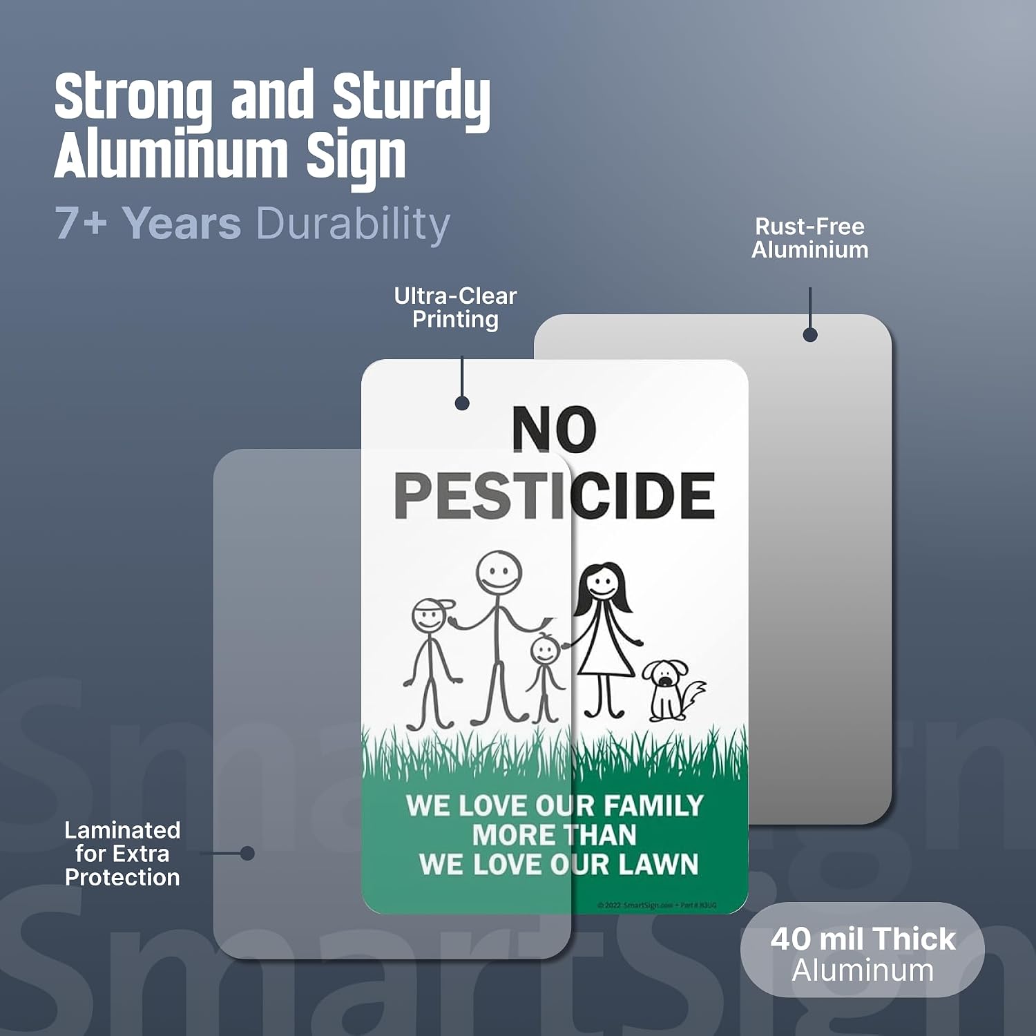 SmartSign 10 x 7 inch No Pesticide Yard Sign - We Love Our Family More Than Lawn Sign, 21.5 inch Tall Sign & Stake Kit, 40 mil Laminated Rustproof Aluminum, Green, Black and White, Set of 1