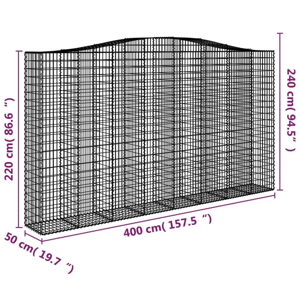 Kosze gabionowe łukowe 9 sztuk 400 x 50 x 220/240 cm ocynkowane żelazo, dźwiękochłonna bariera ogrodowa i ściana dekoracyjna ze wzmocnionymi haczykami