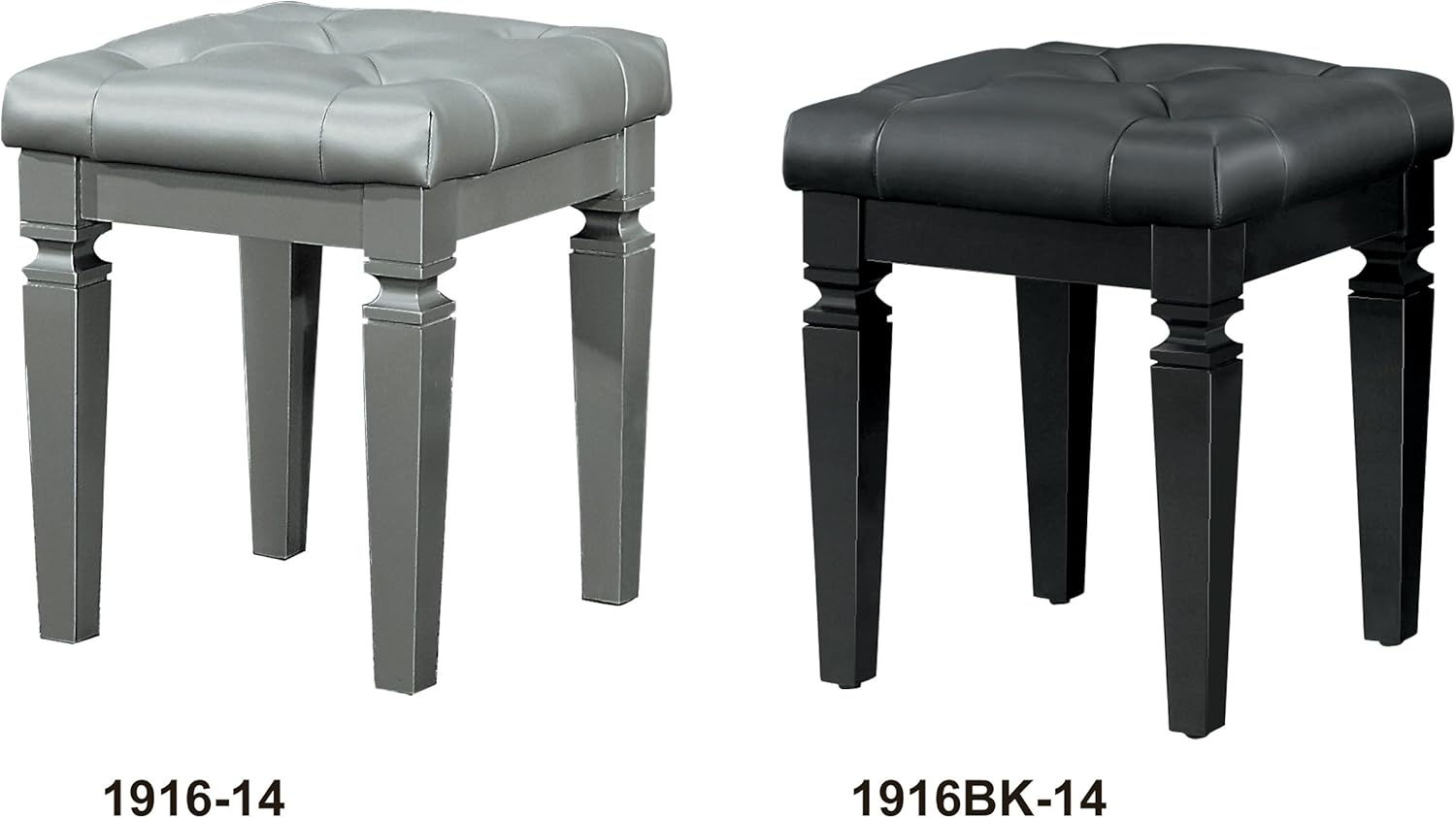 Silver Tufted Vinyl Vanity Stool with Turned Legs