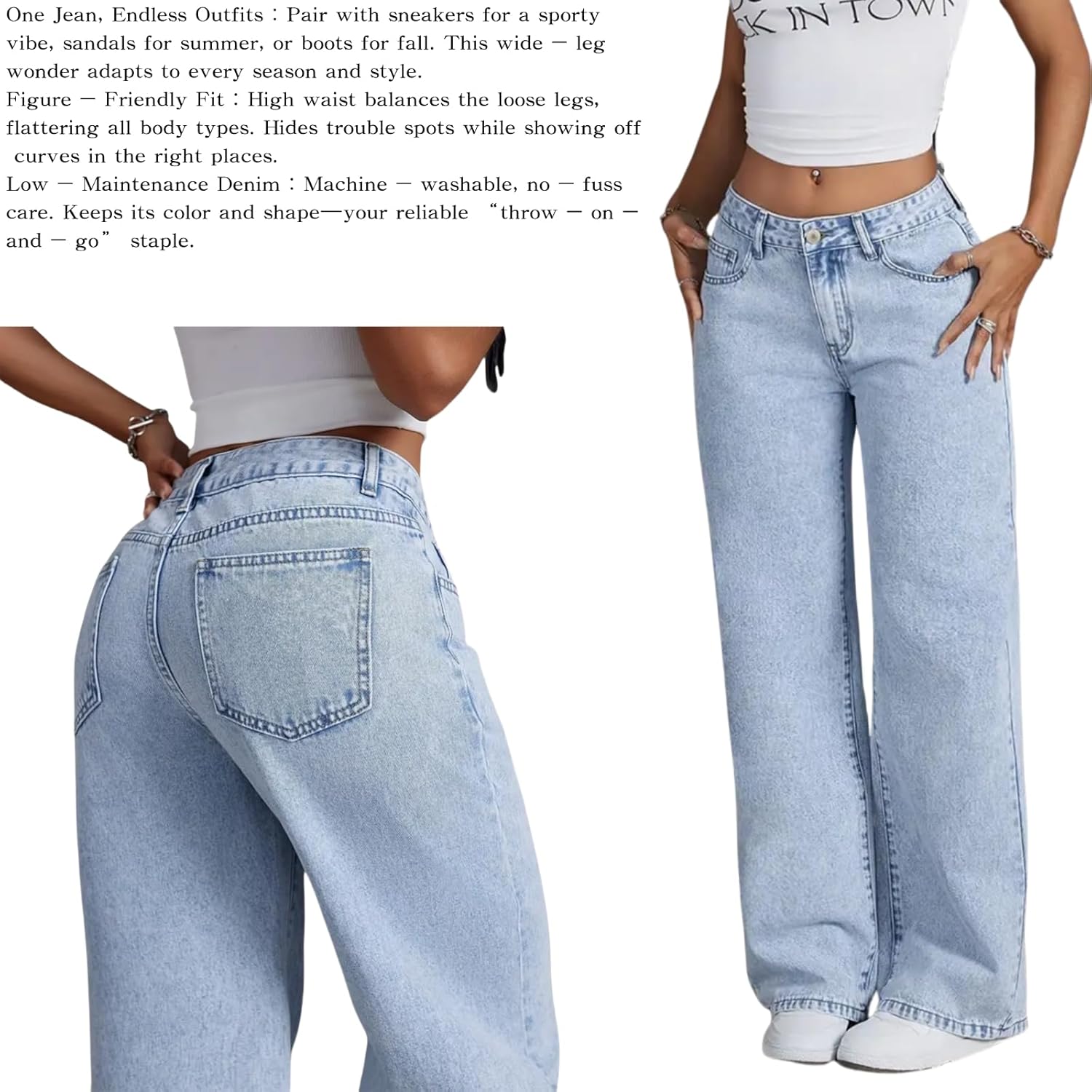 Women's Mid Rise Wide Leg Jeans - Non-Stretch Light Blue Denim, Comfort Waistband & Faded Wash, Size 24-32 - Image 2