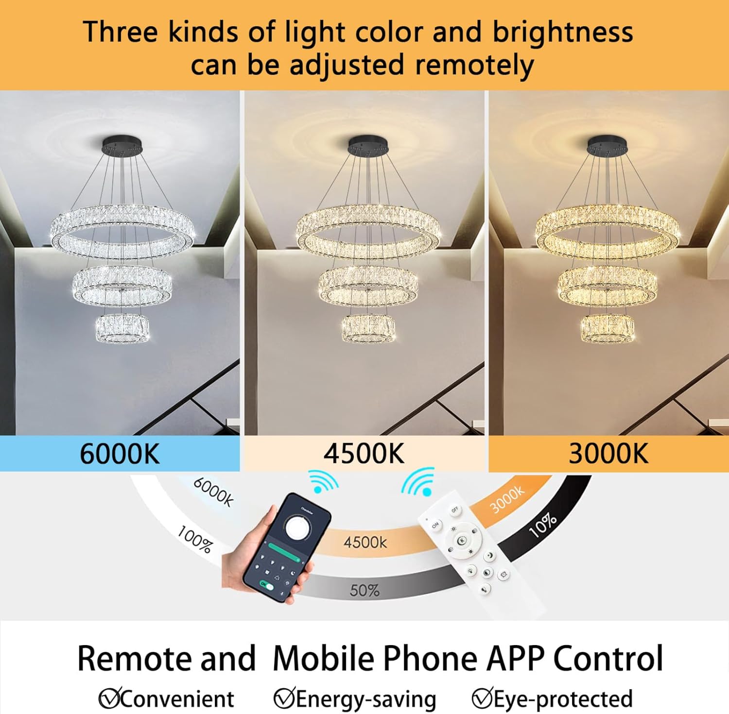 HAIXIANG Crystal LED Chandelier for Dining Room 40 Watt LEDs Light Fixtures Adjust Hanging Pendant Lights for Living Room Bedroom Chandeliers Ceiling Lighting Dimmable Black