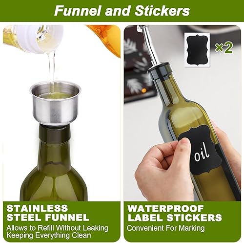 Miniatura 4 de MEIDAYAI - Botella dispensadora de aceite de oliva, 1 pieza, juego de dispensador de aceite y vinagre de vidrio verde con 2 vertedores de acero