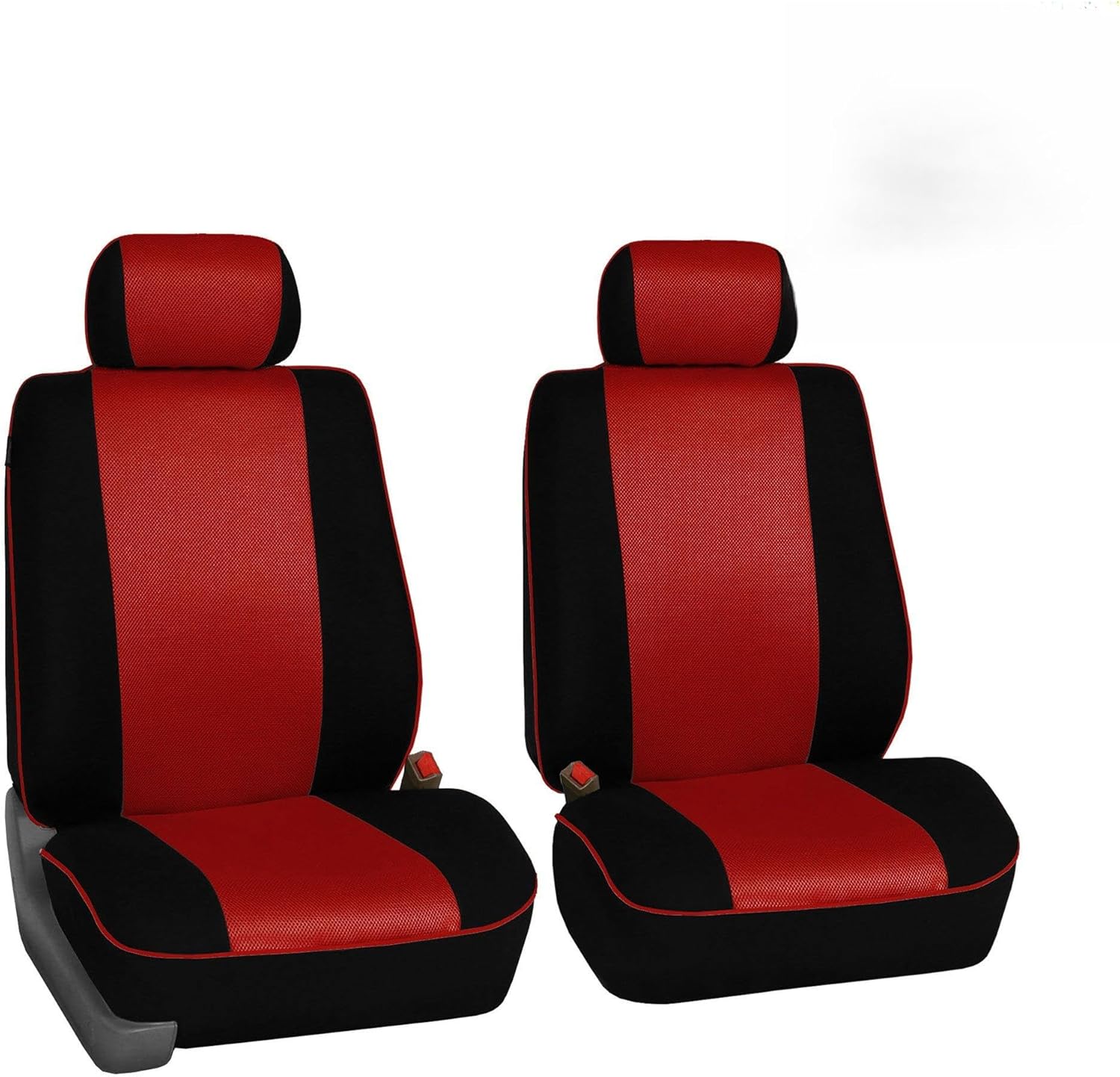 FH Group Car Seat Cover Edgy Piping Cloth Front Seats Only Automotive Seat Covers Red, Airbag Compatible Universal Fit Interior Accessories Car Truck SUV Combo Steering Wheel Cover & Seat Belt Pad