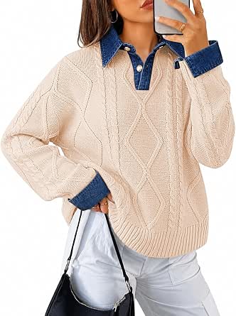 Women's Cable Knit Sweater with Polo Collar