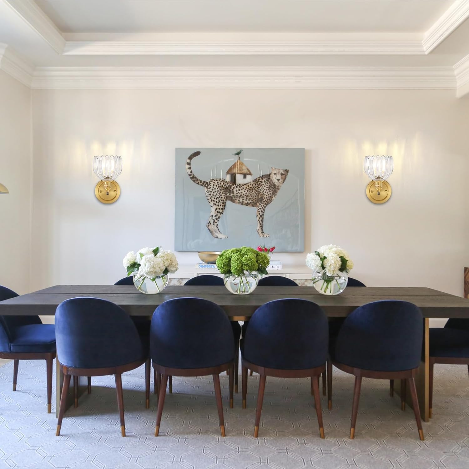 Clear Tulip Wall Sconces Set of 2, Hardwired Glass Wall Lights Fixture with Brass Base, Handmade Vintage Wall Sconce Lighting for Bedroom Bedside Living Room Hallway