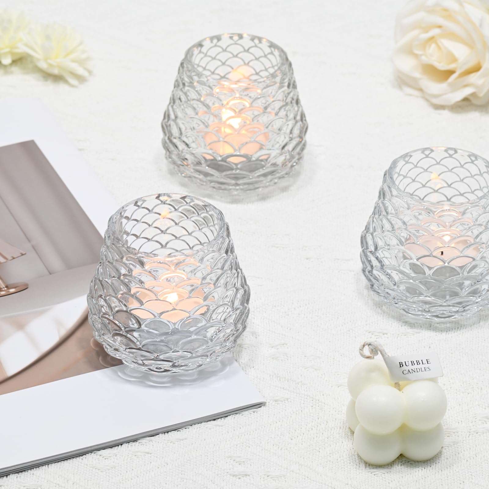 Set di 4 Portacandele in Vetro per Candeline, Portalumini Trasparente per Centrotavola, Porta Tealight in Vetro per Natale, Matrimonio, Festa di Compleanno, Decorazione per la Casa (Pigna)