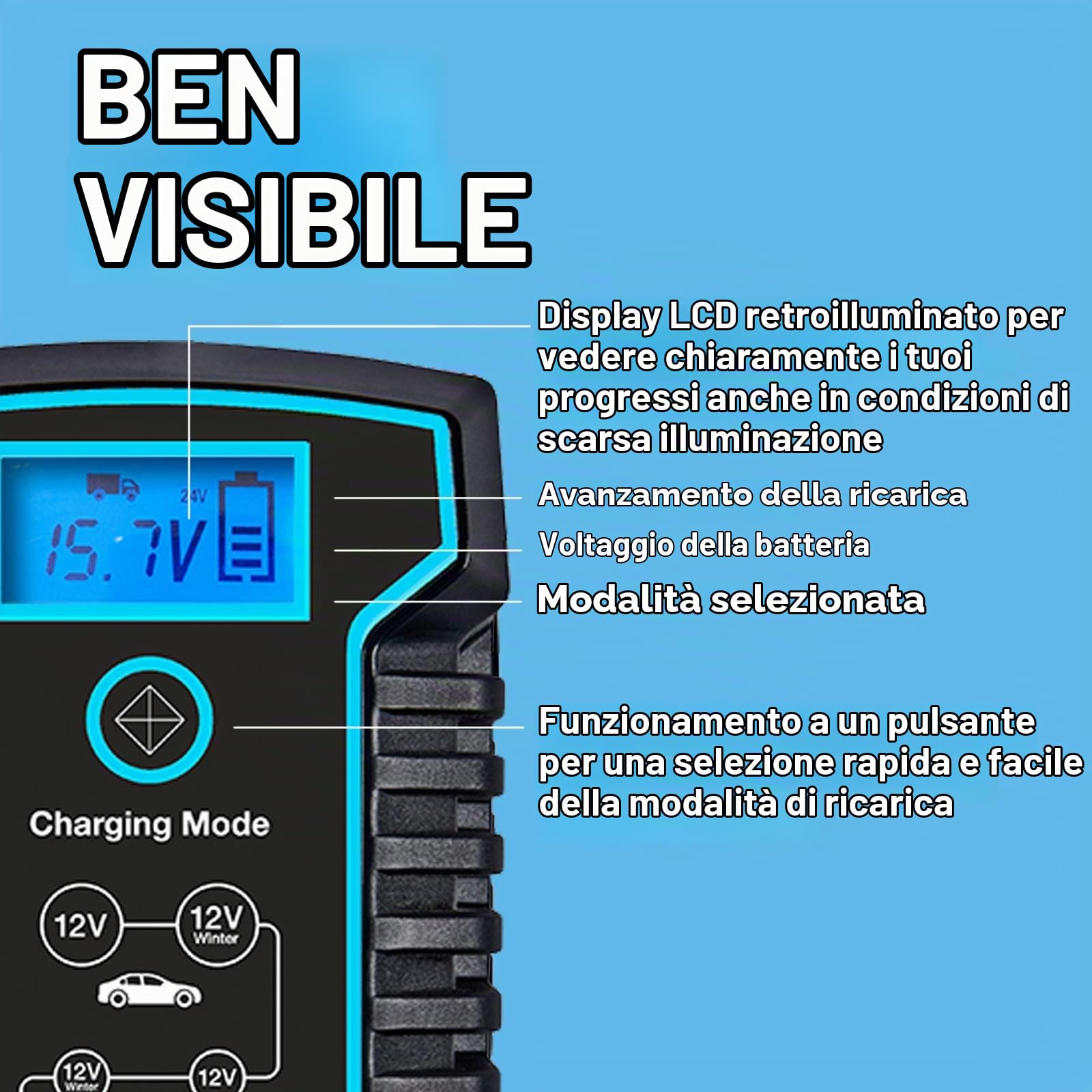 Ring Caricabatterie Intelligente 8A e mantenitore – Compatibile con Veicoli di Grandi Dimensioni: Si collega Rapidamente con Morsetti o terminali O-Ring Inclusi