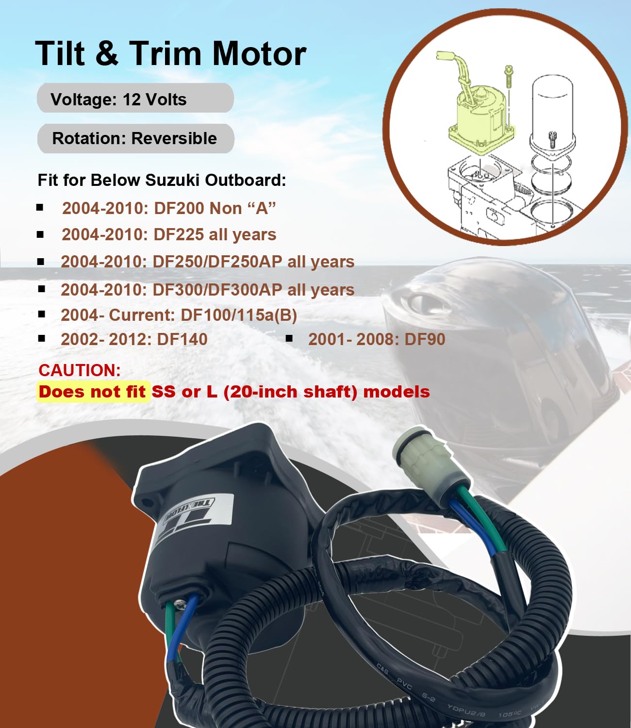 Power Tilt Trim Motor 38100-93J04 38100-93J13 fits for Suzuki Outboard DF200 DF225 DF250 2004-2010 DF300 2007-2010 Replaces 38100-92J13 fits for DF140 DF90 DF100 DF115