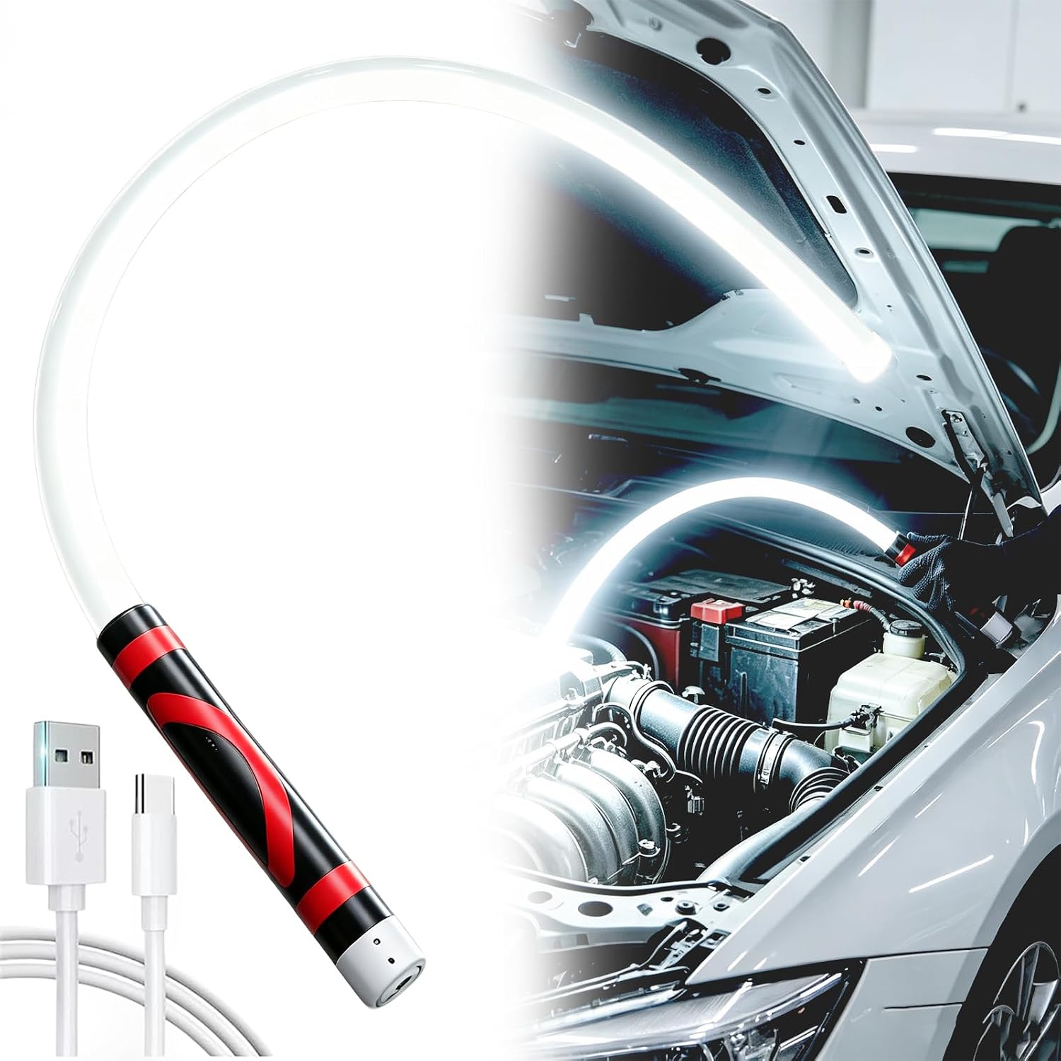 2026 New 30" Bendable LED Silicone Flashlight Stick, 3 Light Modes Under Hood Rechargeable Flexible Work Light for Auto Repair Garage Workshop, Camping & Emergency