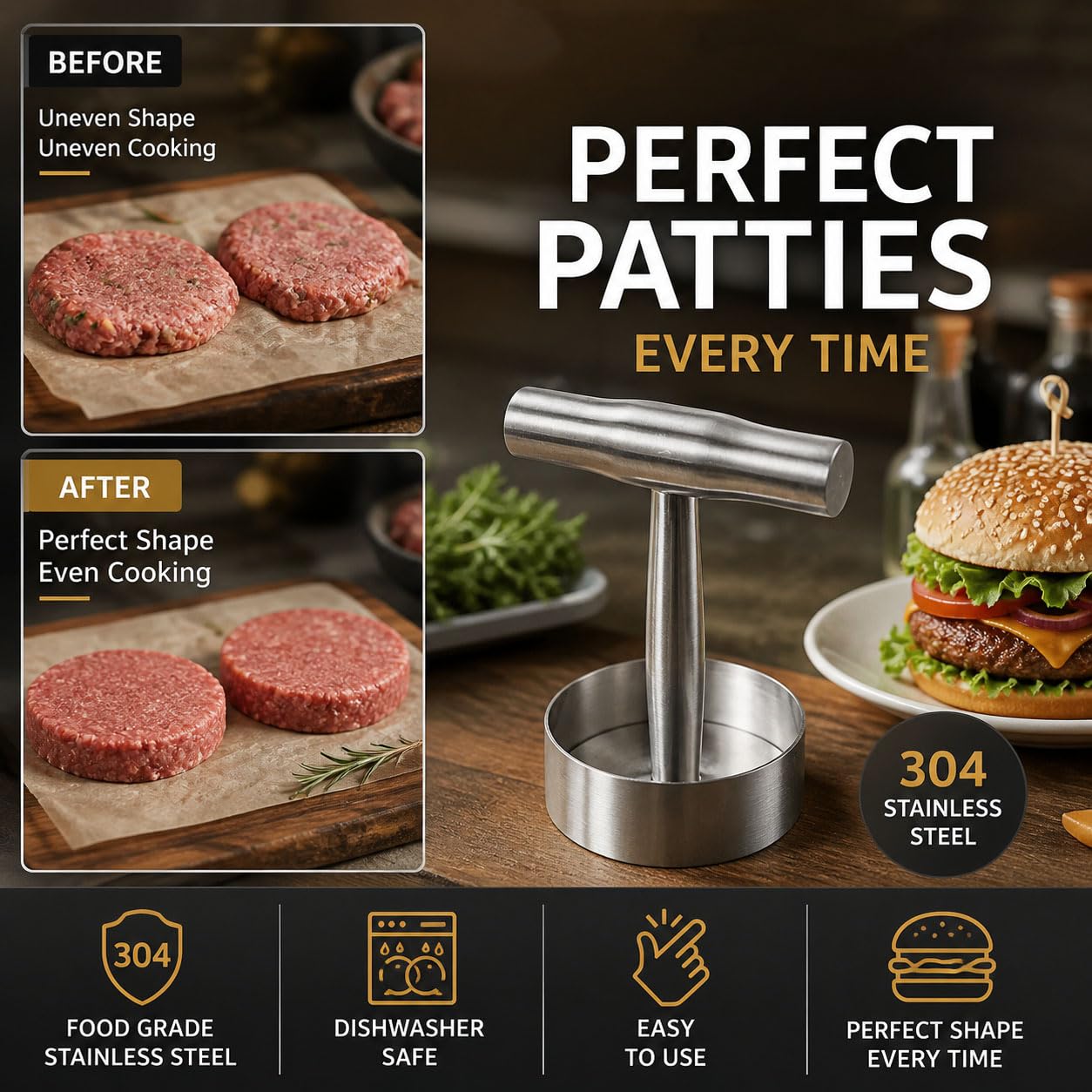 Steak Press Round Patty Mold, Stainless Steel Burger Press Patty Maker，2