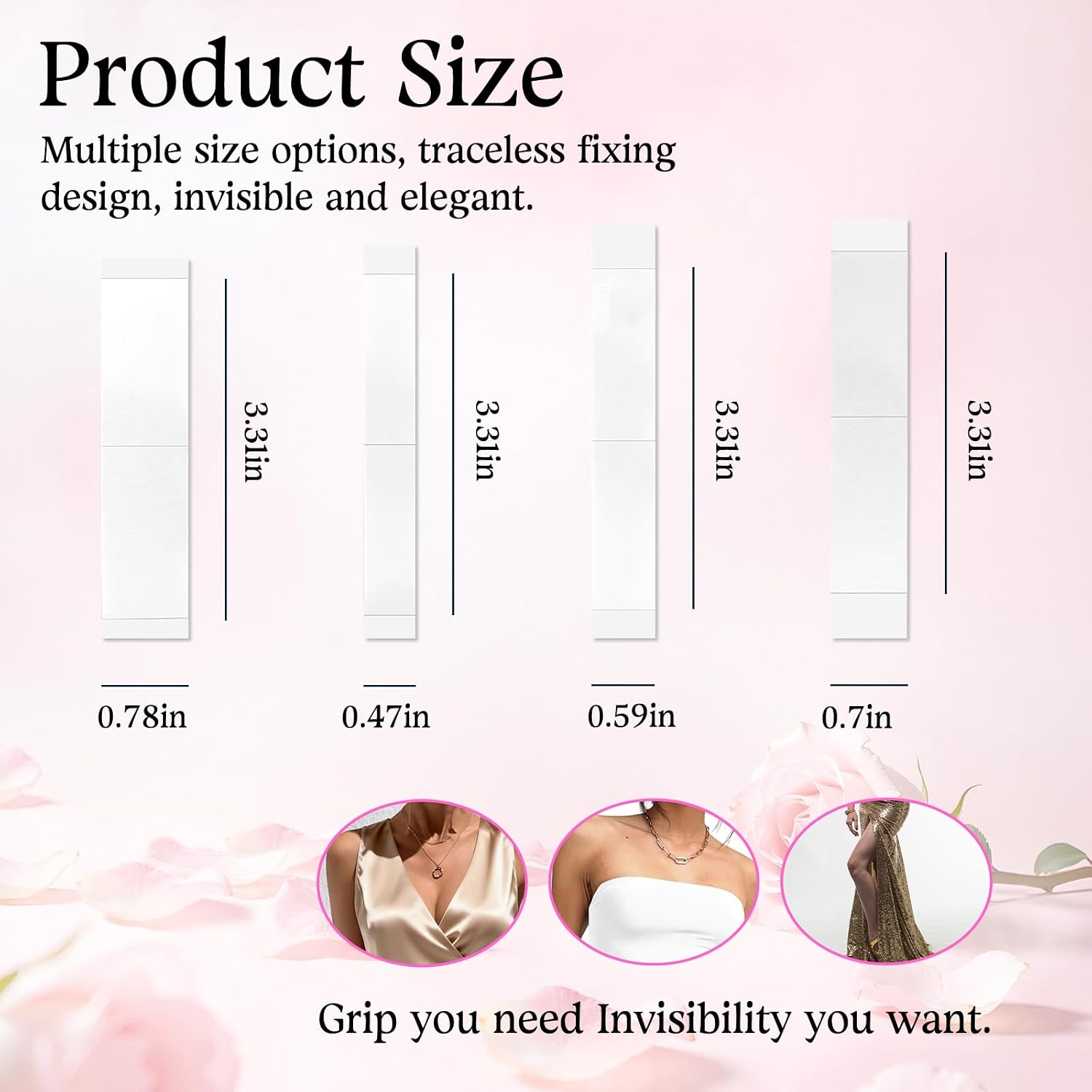 288 PCS Fashion Tape for Women, Double Sided Tape for Clothes,4 size Invisible Clear Fabric Tape for Clothing & Body with All Day Strength, Hypoallergenic for Sensitive Skin