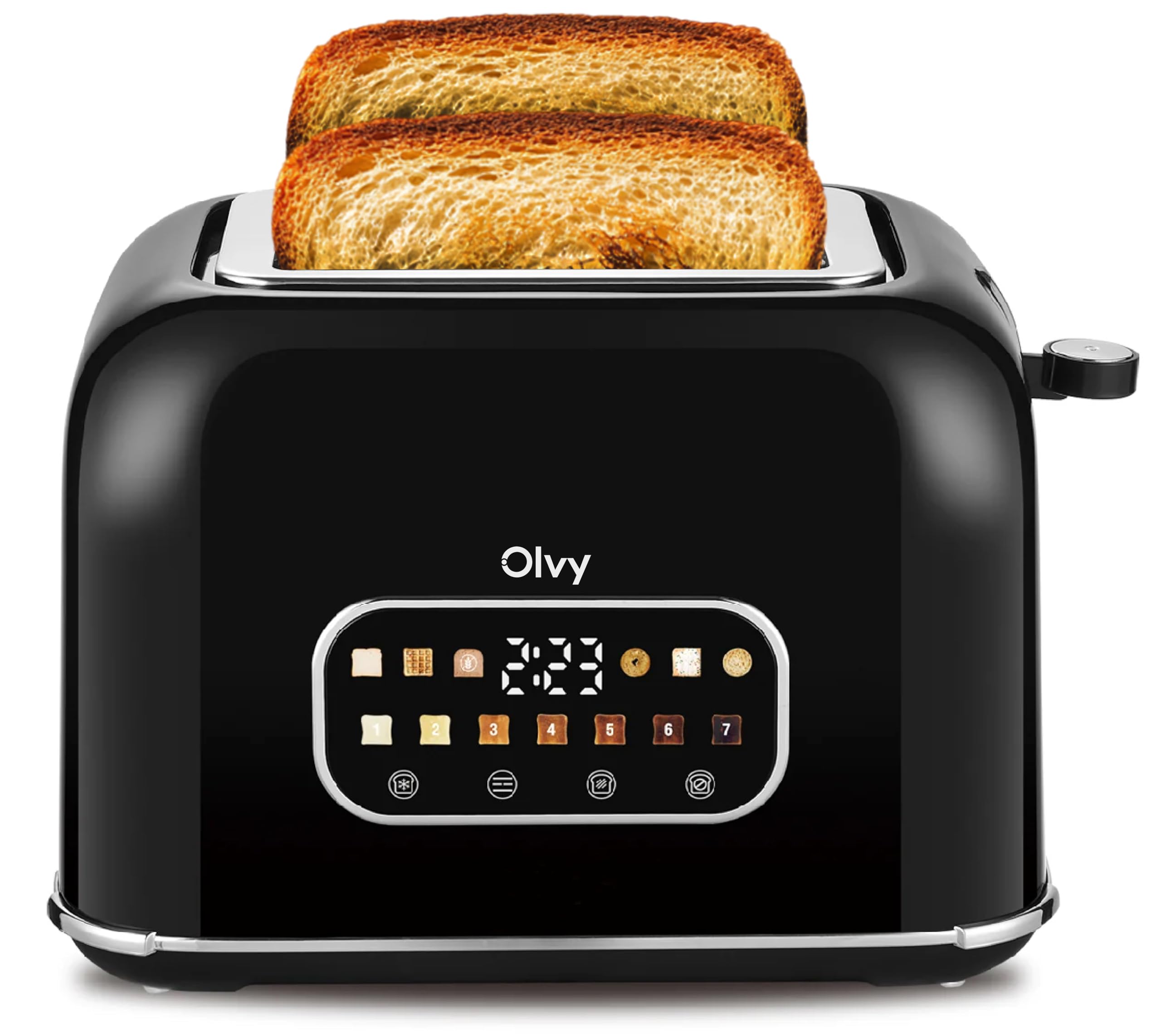 Toaster Olvy 900W – 7 Bräunungsstufen, LCD-Display mit Timer, Extra breite Schlitze, Auftau- und Aufwärmfunktion, Krümelschublade – Für Brot und Bagels