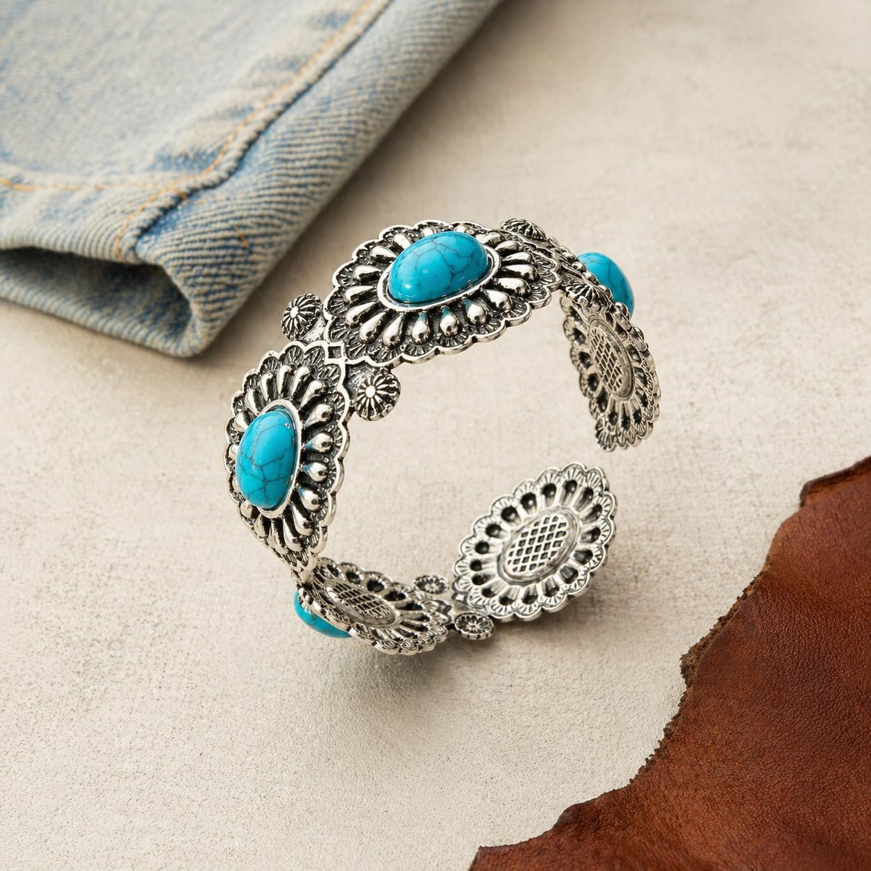 Western Cuff Bracelet for Women, Vintage Engraved Open Bangle with Turquoise Color Faux Stone Accent, Southwestern Cowgirl Country Jewelry Gift