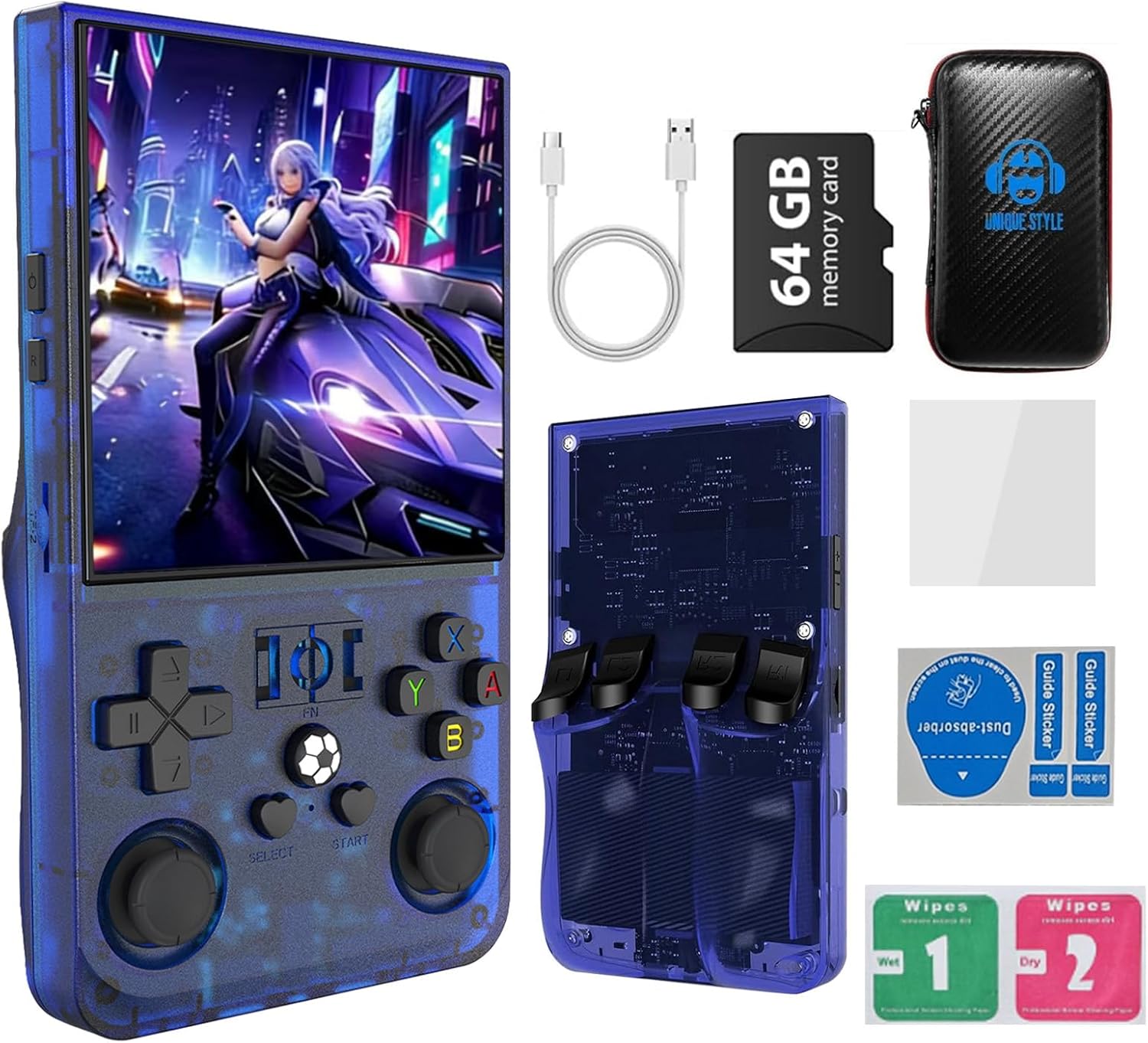 R36MAX 4000mAh Portable Rechargeable Handheld Retro Game Console,Comfort Non-Slip Handheld Standing Retro Game Console with 64G TF Car,4.0-inch Screen,for Office,Blue