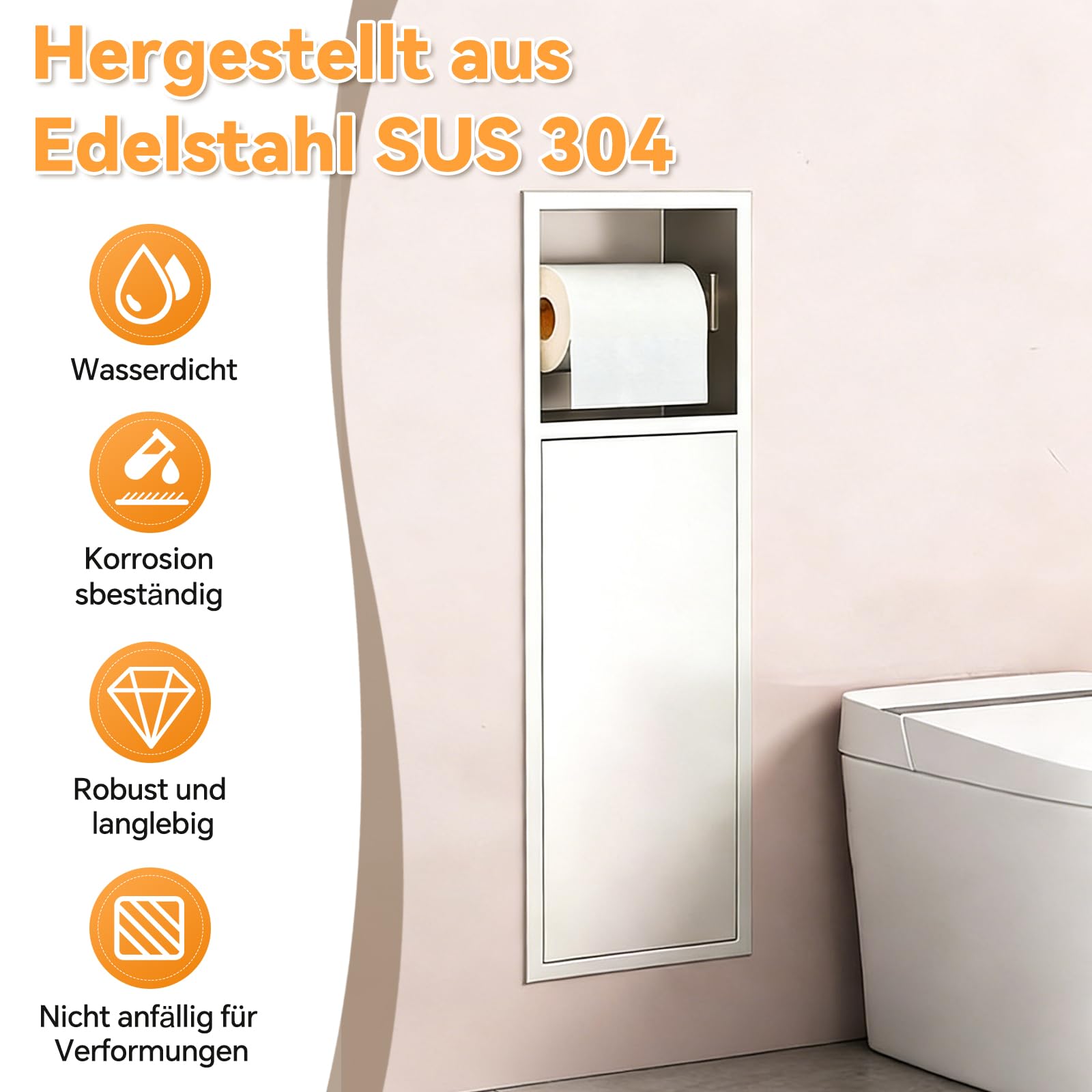 Unterputz Toilettenpapierhalter Edelstahl Mit Schiebetür, Badezimmerschrank mit Toilettenpapierhalter für die Klobürstengarnitur, Schwarz/Weiß,60x16.5x12.5 cm (Weiß)