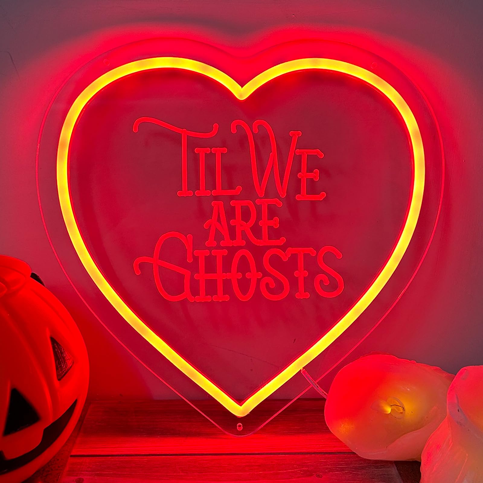 Til We Are Ghosts Neon Sign, Halloween Decoration Letter Heart Shape Sign Light, Funny Creepy Spooky Gothic Room LED Wall Art Decor Light for Lovers Window Entryway Door Bedroom Man Cave Gift