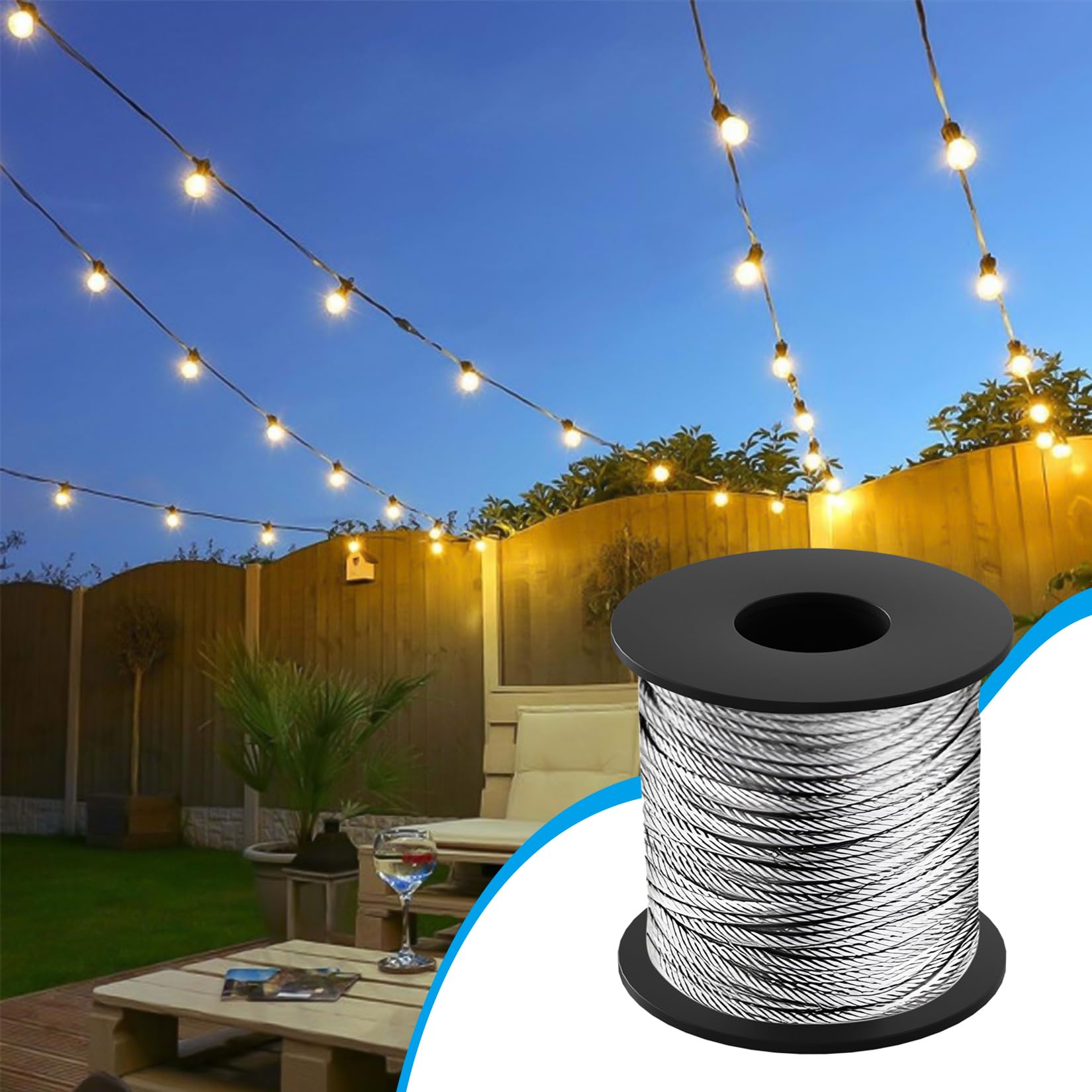 50M Corde en Acier Inoxydable à Suspendre Kit, Câble en Acier Inoxydable Revêtu avec M5 Tendeurs, Kit Cable Metallique pour Plantes Grimpante, Extérieur Suspension, Corde a linge, Lustre D'ExtéRieur