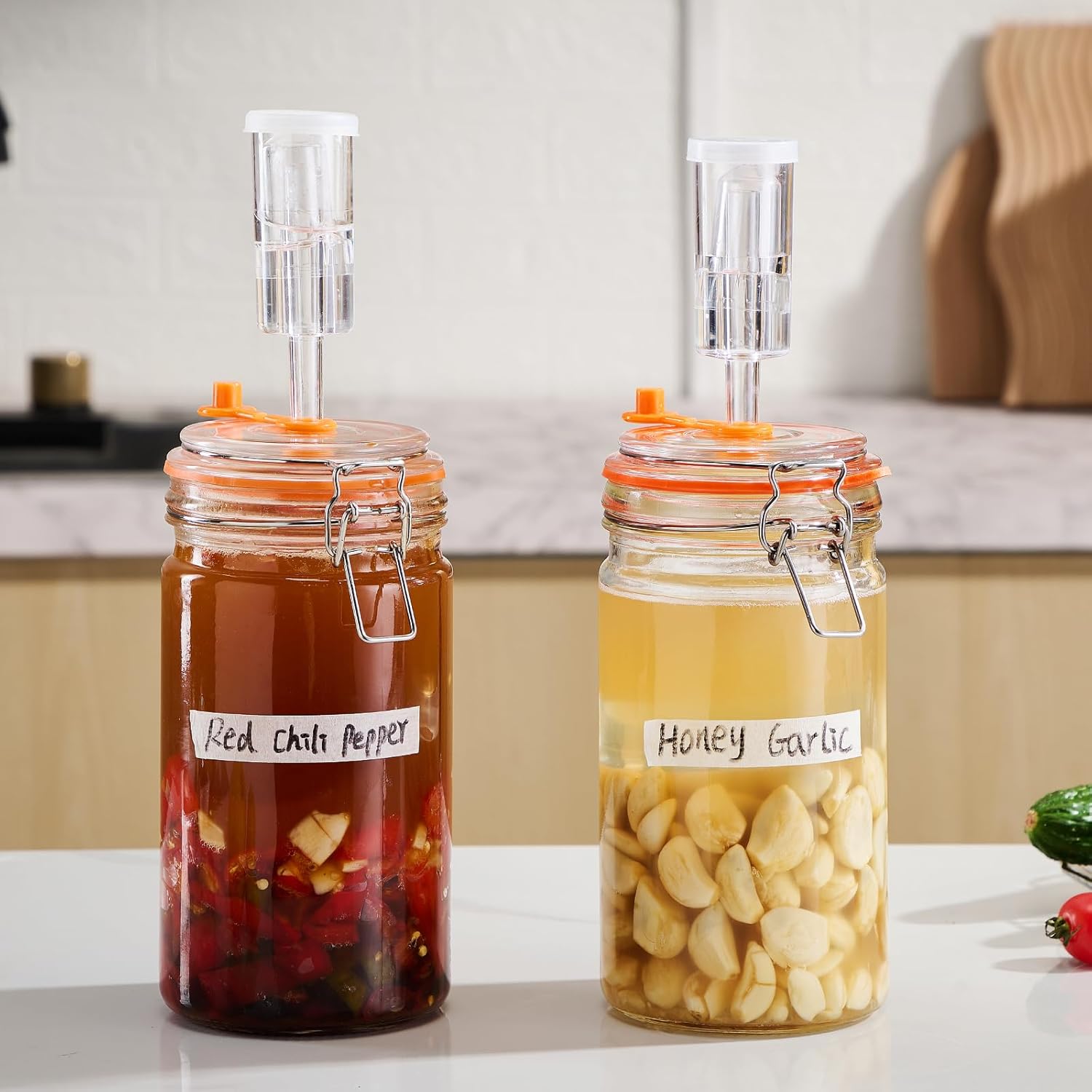 JILLMO 1 Liter Fermentation Jar, Glass Fermenting Kit with Weight for Making Sauerkraut, Hot Sauce, Mead, Cider and More, Pack of 2 - Image 8