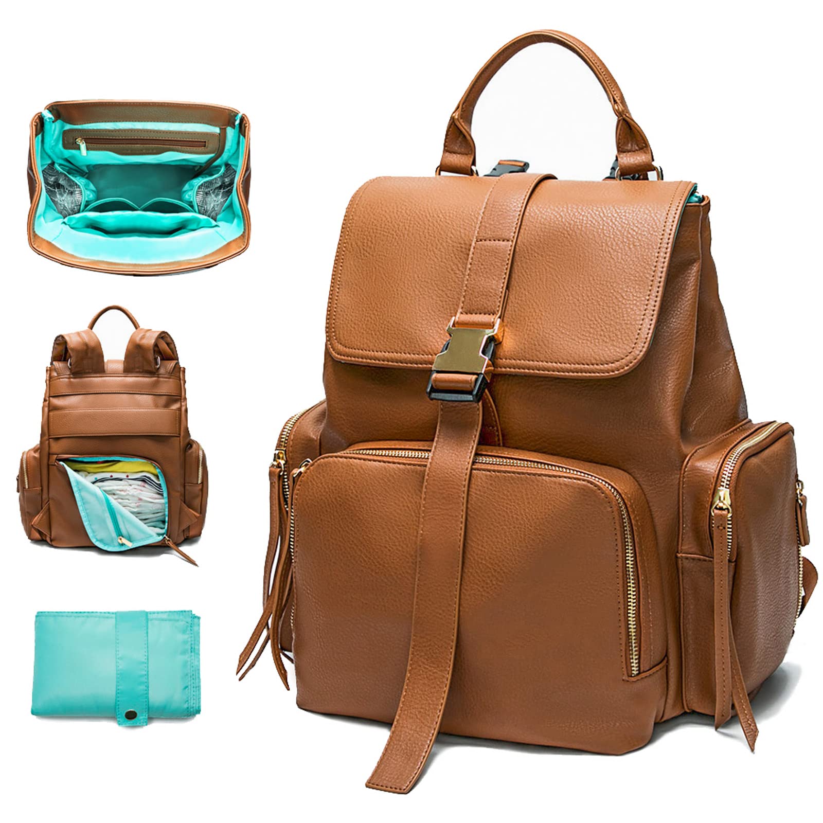 Miss Fong Sac à dos à langer en cuir avec poches isothermes pour maman et papa, sac de maternité