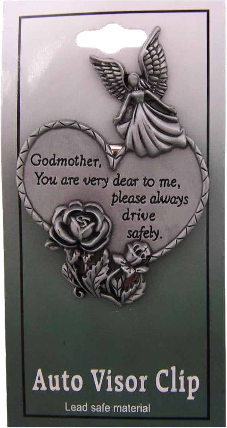 Wowser Godmother Angel Visor Clip with Engraved Message, Religious Car Accessory Gift, Pewter Finish, Guardian Angel Keepsake for Safe Driving