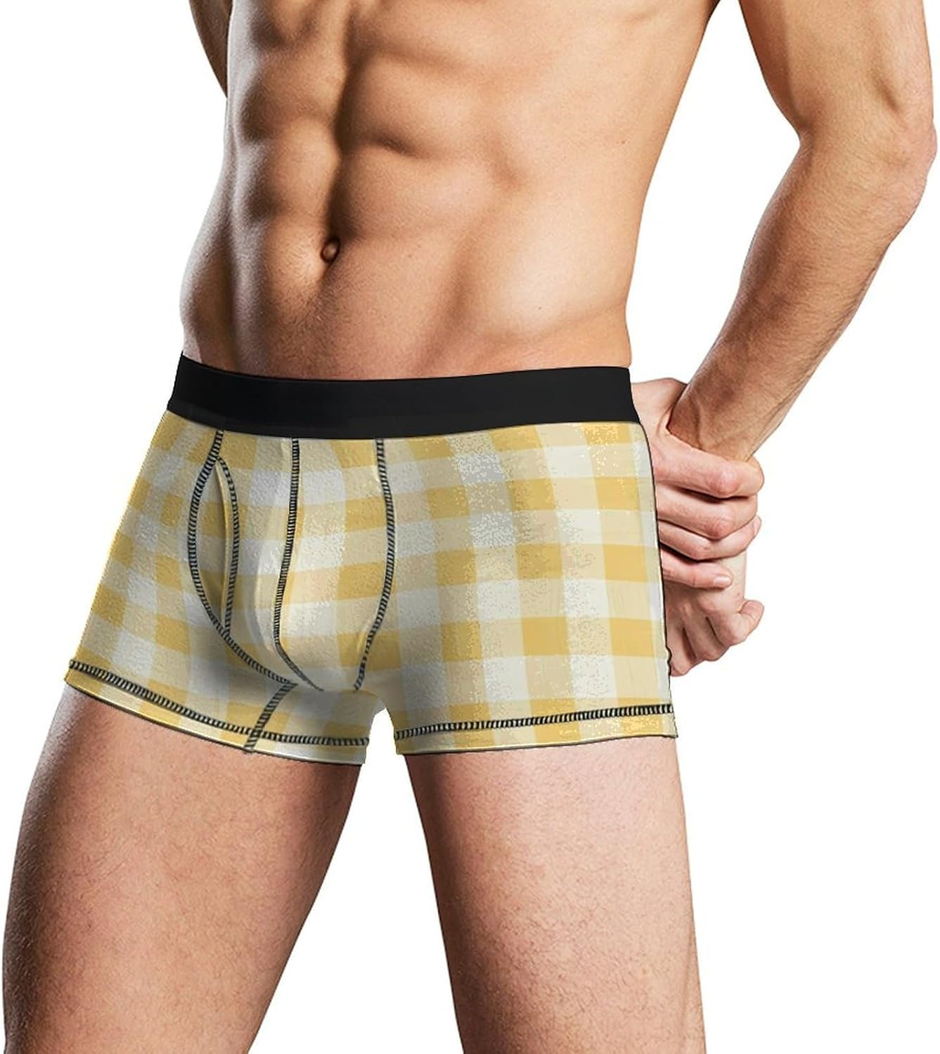 Pastel Lemon Yellow Checked Novelty Men's Trunks Soft Breathable Underwear Patterned Stretch Briefs