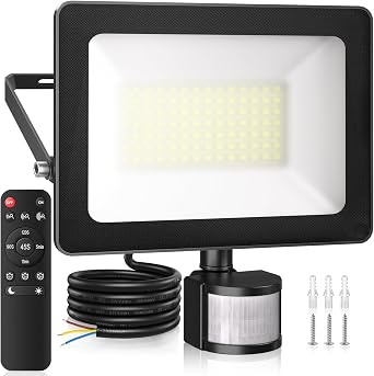 CLV 80W Motion Sensor Outdoor Security Light, 7865LM Remote LED Floodlights with PIR Sensor, IP66 Motion Sensor Floodlight, Button & Remote 6500K PIR Light 3 Modes for Backyard Garden Garage Yard [Energy Class E]