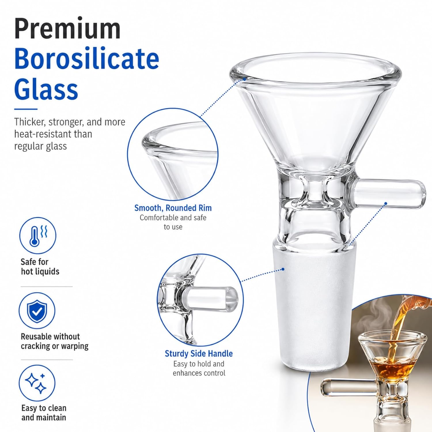 8 Pack Mini Glass Funnel with Handle, Small Borosilicate Funnels for Liquids, Oils & Bottles, Heat Resistant Clear Funnels for Kitchen, Lab, Essential Oils, DIY, with Cleaning Brushes