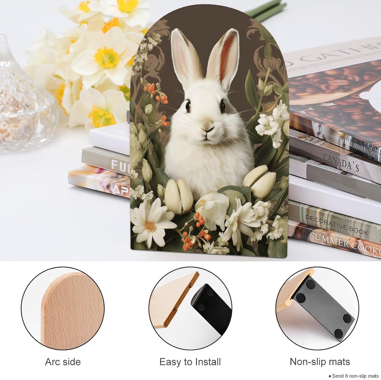 A Beautiful White Rabbit Heavy Duty Wooden Bookend Non-Slip Book Ends image 4