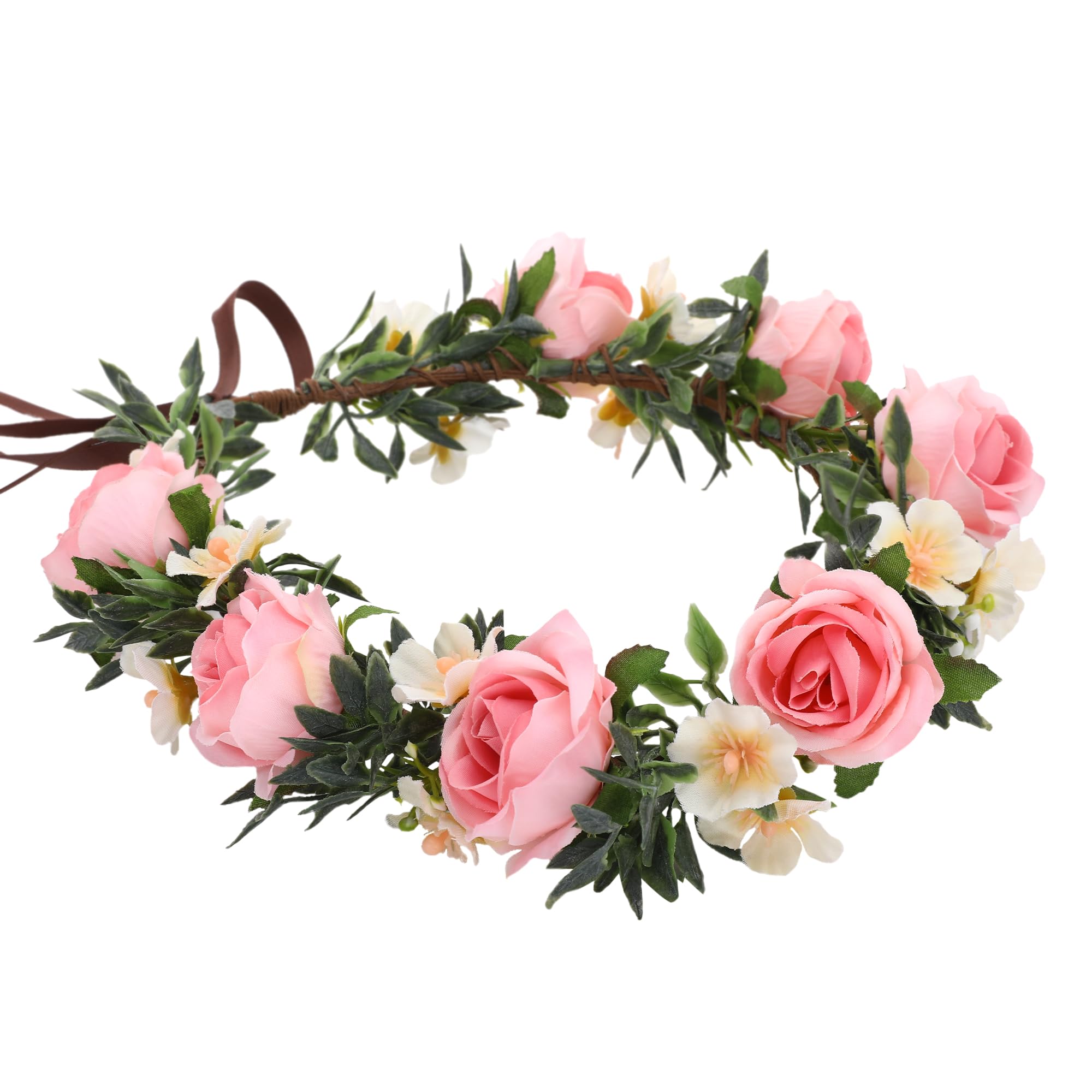 PartyforU Pink Flower Crown Hair Elf Costume Women's Flower Wreath Headband Adjustable for Women Girls Fancy Dress Costumes Carnival Renaissance Birthday Wedding Party Accessories