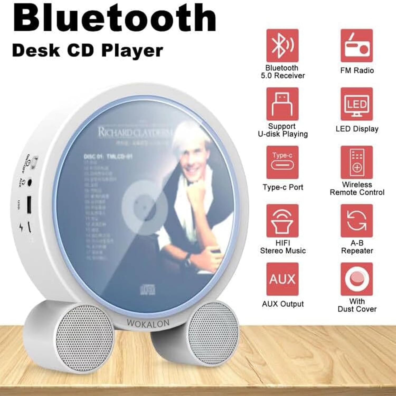 WOKALON Desktop Vertical CD Player Portable with Bluetooth for Home with LCD Screen Display Built in HiFi Speakers Support Timed Music ON/Off FM USB SD