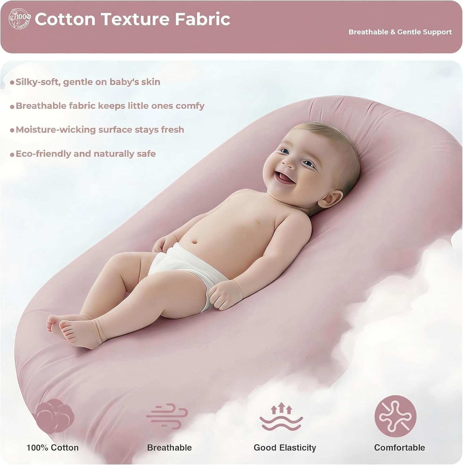Infant Support Cushion – Baby Support Cushion for Newborn, 0-24 Months, Breathable Cotton Tummy Time Mat, Supervised Use, Portable Newborn Essentials for Home and Travel, Dustypink (Cover Included)