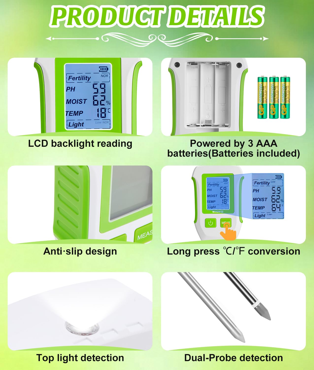 WADEO Medidor de suelo 5 en 1 para temperatura/fertilidad/humedad del suelo/pH/luz solar, pantalla LCD con retroiluminación, medidor digital de suelo para jardinería y agricultura