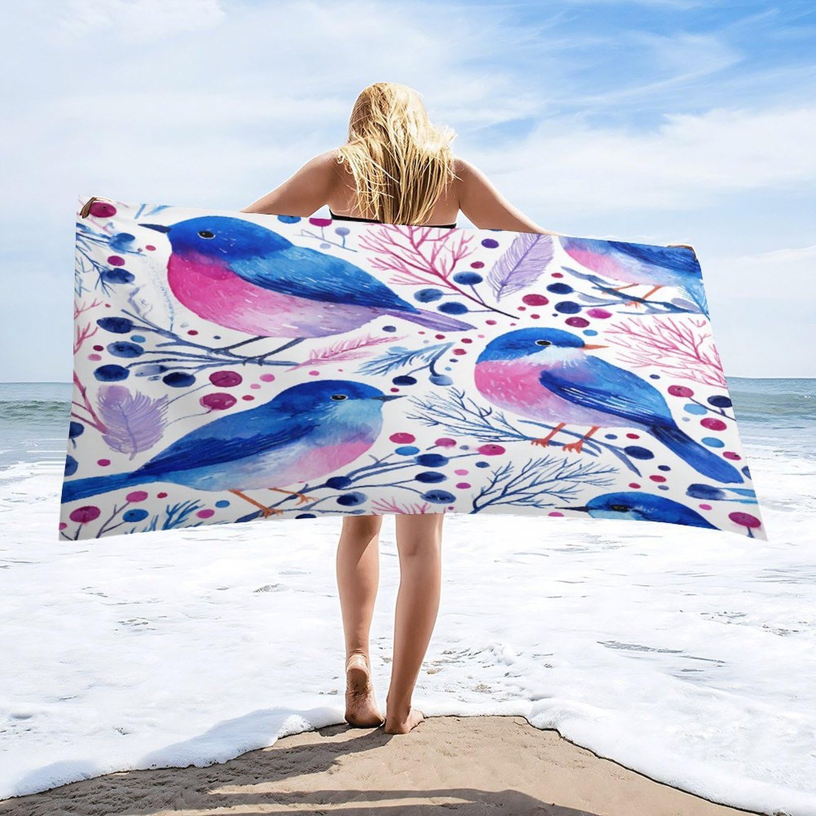 Luyysky Funny Cute Blue Birds Quick-Drying Beach Towel, Retro Watercolor Japanese Botanical Fruit Blueberries Animals Bird Travel Vacation Single Sided Pile Bathroom Towels-80 W Cm X 160" L Cm