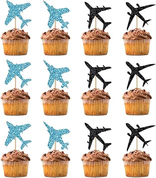 12 PCS Airplane Cupcake Toppers Airplane Aircraft Themed Cupcake Toppers pilot Birthday Party Decorations