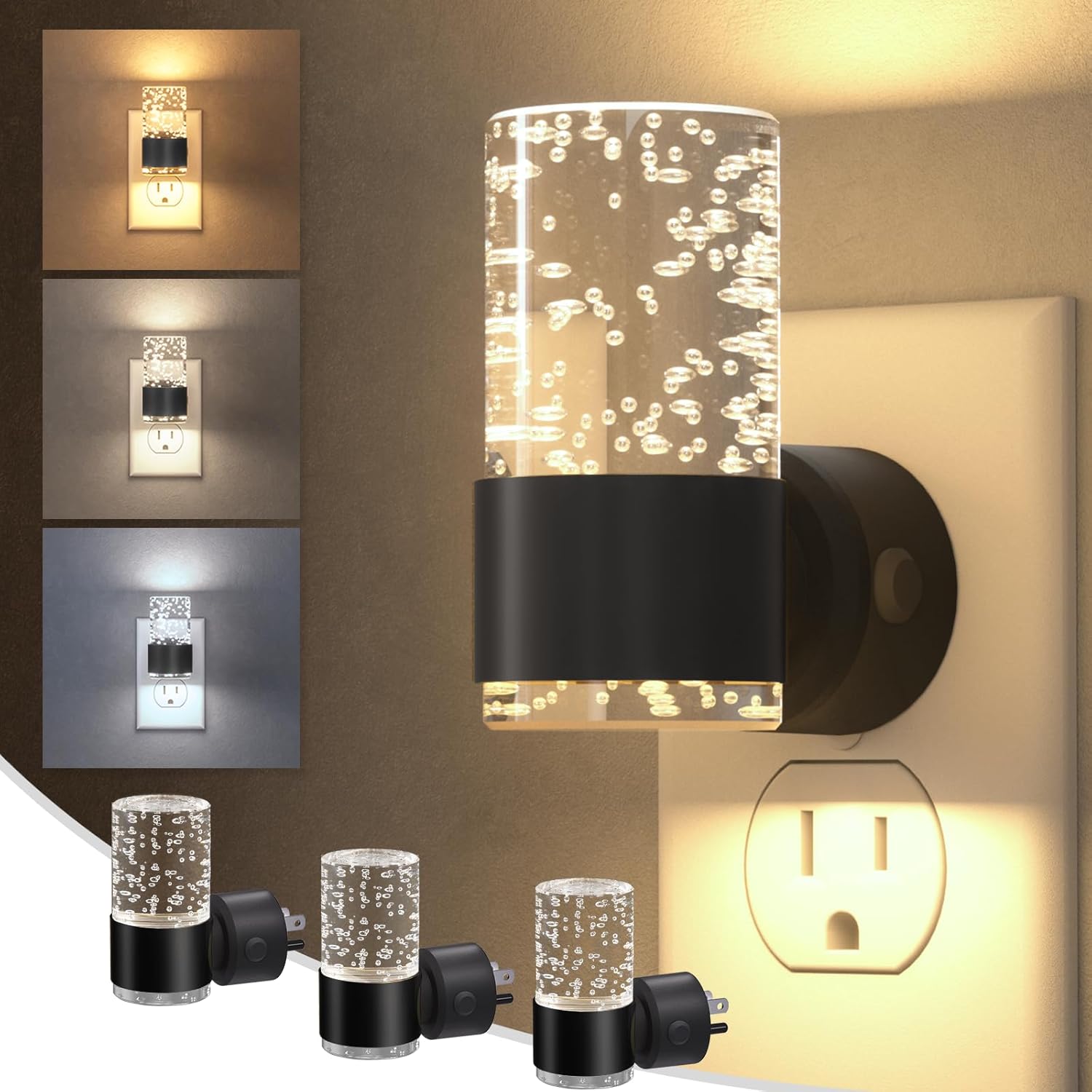 NIORSUN Night Light Plug into Wall, Dimmable Nights Lights with 3 CCT & 5 Brightness Levels, Slim Acrylic Plug in Night Light, Auto Dusk to Dawn Sensor for Stairs, Hallway, Bathroom, Black, 4 Pack