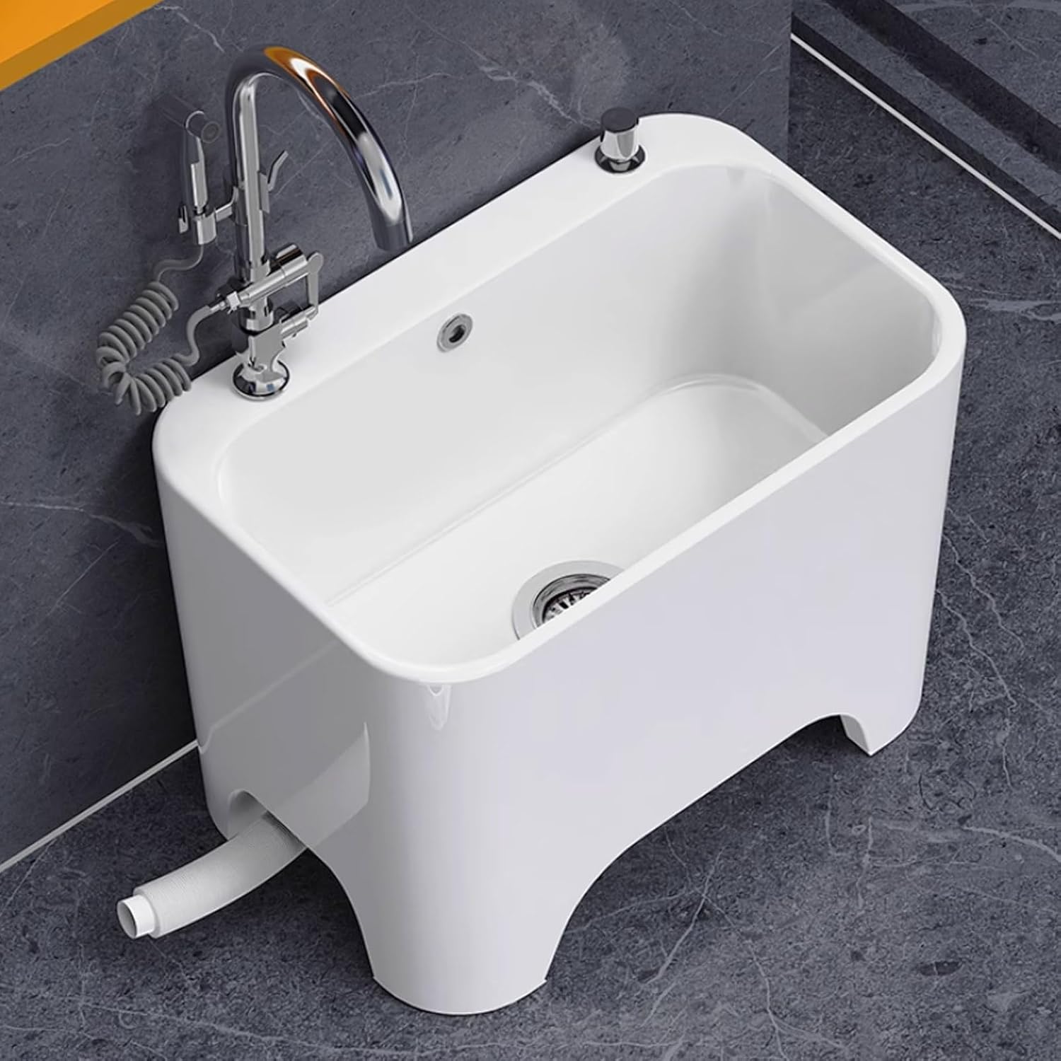 Commercial White Mop Sink with Faucet, Utility Floor Mops Basin, Large Capacity Laundry Room Slop Sink, One-Touch Drain Button for Home and Office Use