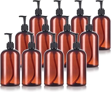 JUVITUS Amber 16 oz Boston Round PET Plastic Bottles with Black Lotion Pump 12 pack